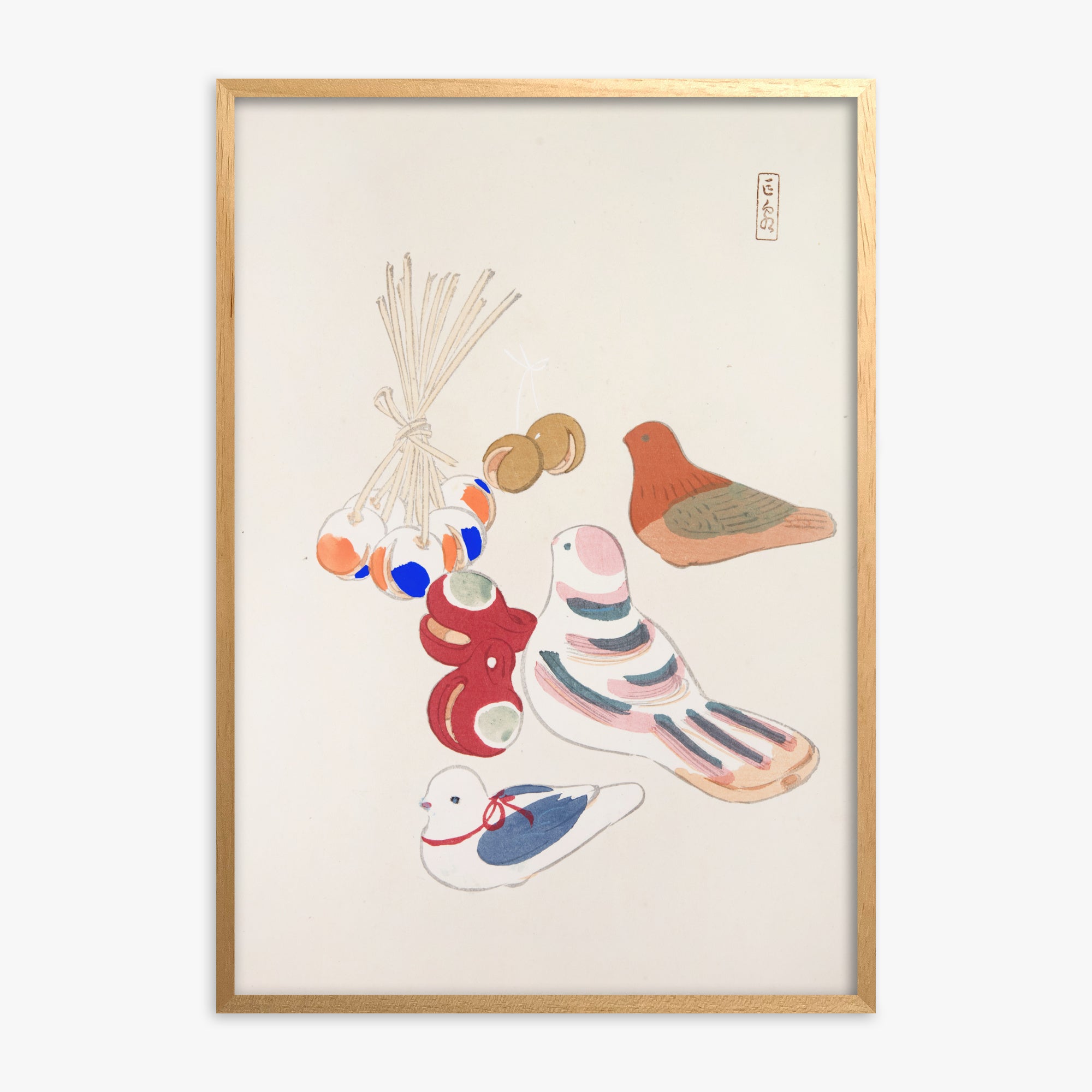 Kawasaki Kyosen: Kyosen’s Collected Illustrations of Japanese Toys Nr. 91 ("Nostalgia Birds: Japanese Toy Collection"), Oak Framed Art Reproduction With Oak Frame