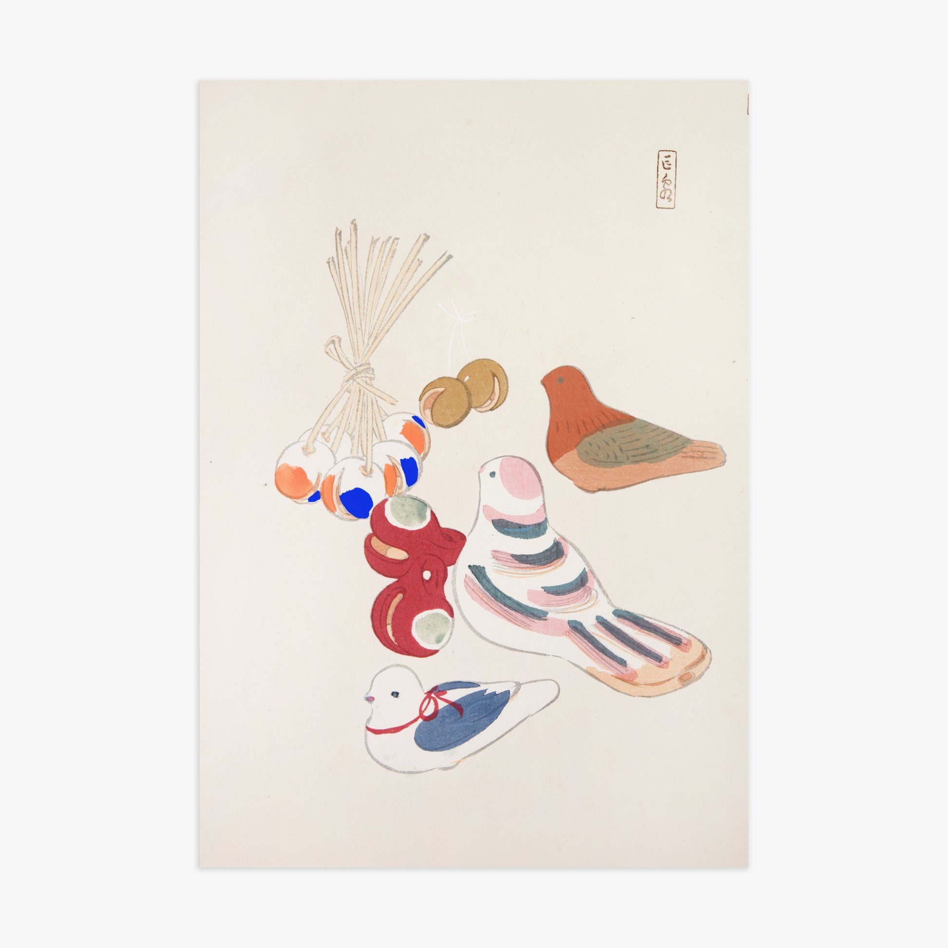 Kawasaki Kyosen: Kyosen’s Collected Illustrations of Japanese Toys Nr. 91 ("Nostalgia Birds: Japanese Toy Collection"), 70x100cm Art Reproduction Unframed