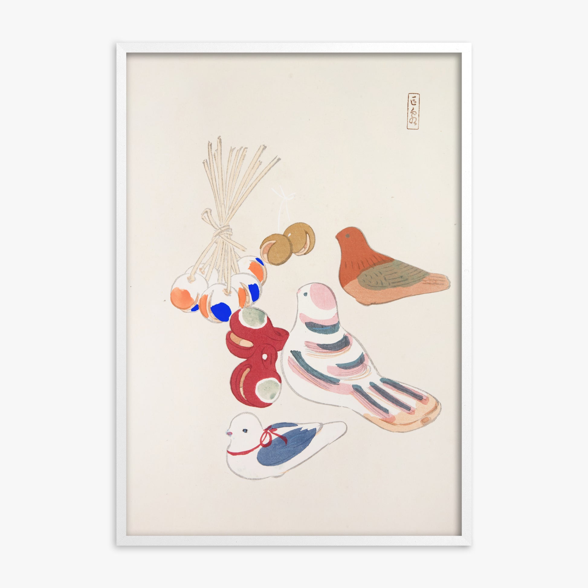 Kawasaki Kyosen: Kyosen’s Collected Illustrations of Japanese Toys Nr. 91 ("Nostalgia Birds: Japanese Toy Collection"), White Framed Art Reproduction With White Frame