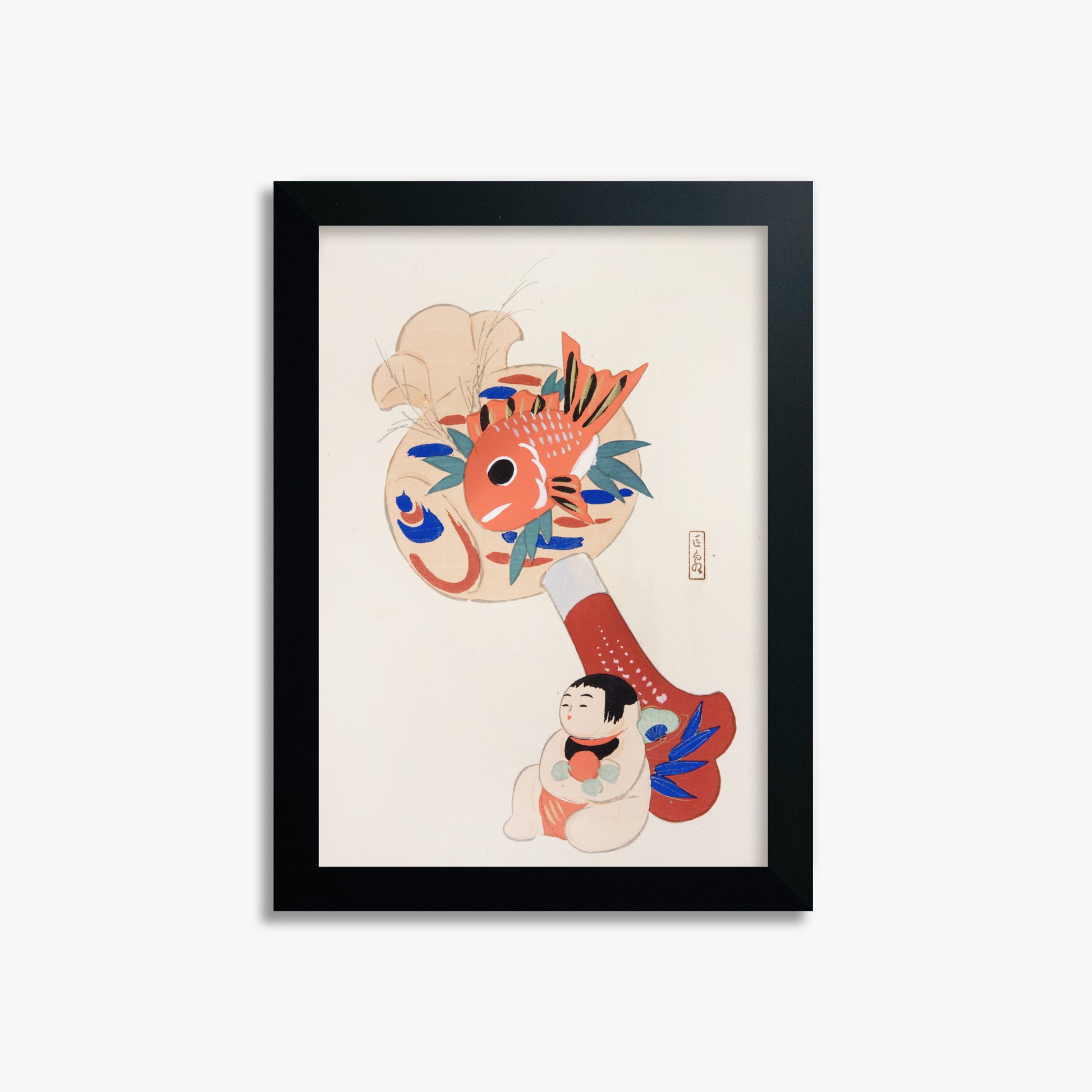 Kawasaki Kyosen: Kyosen’s Collected Illustrations of Japanese Toys Nr. 92 ("Golden Fish Paddle Play"), 21x30cm Framed Art Reproduction With Black Frame