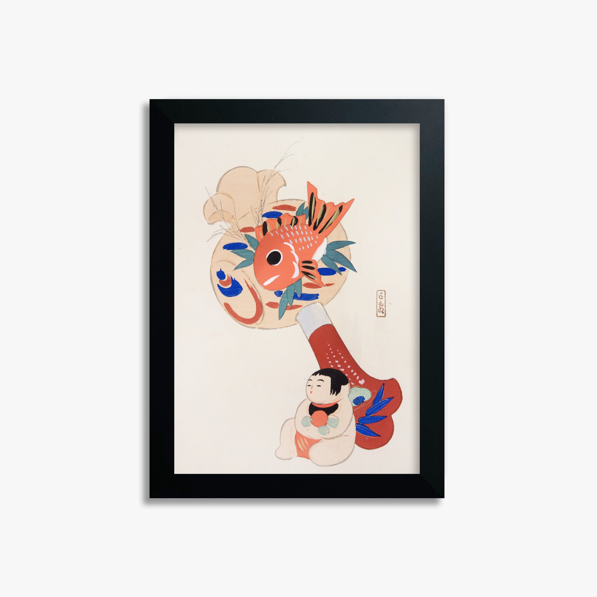 Kawasaki Kyosen: Kyosen’s Collected Illustrations of Japanese Toys Nr. 92 ("Golden Fish Paddle Play"), 21x30cm Framed Art Reproduction With Black Frame