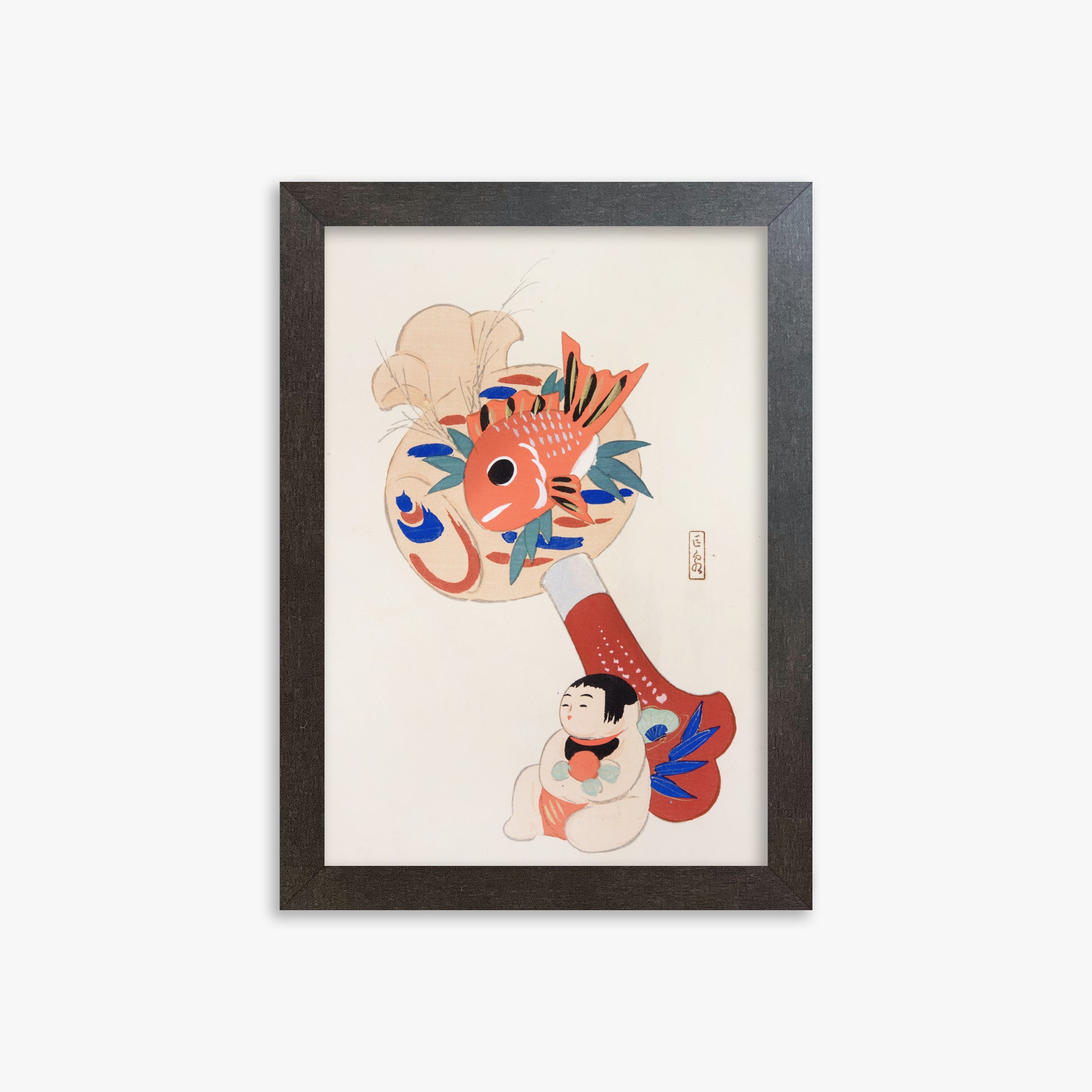 Kawasaki Kyosen: Kyosen’s Collected Illustrations of Japanese Toys Nr. 92 ("Golden Fish Paddle Play"), 21x30cm Framed Art Reproduction With Espresso Frame