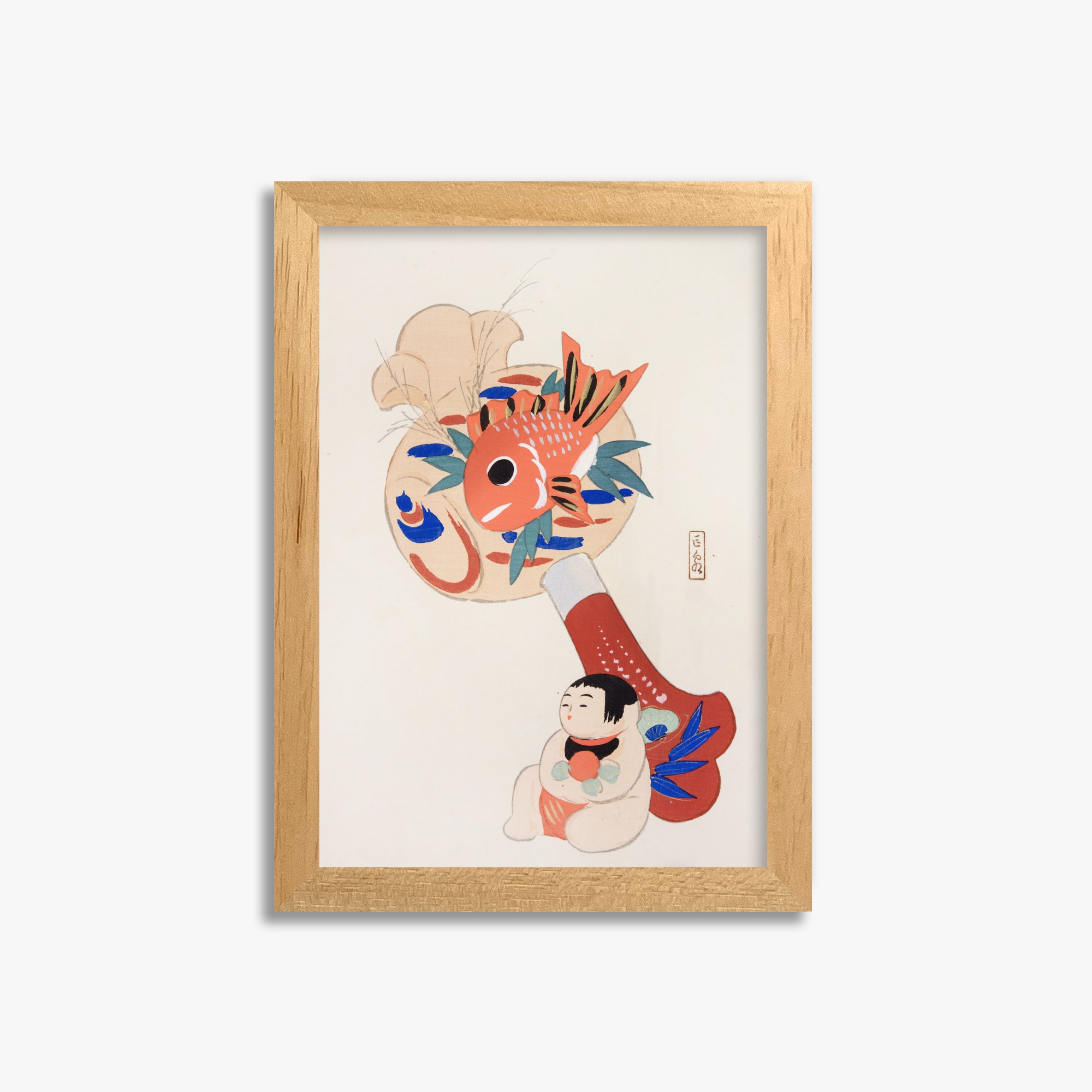 Kawasaki Kyosen: Kyosen’s Collected Illustrations of Japanese Toys Nr. 92 ("Golden Fish Paddle Play"), 21x30cm Framed Art Reproduction With Oak Frame