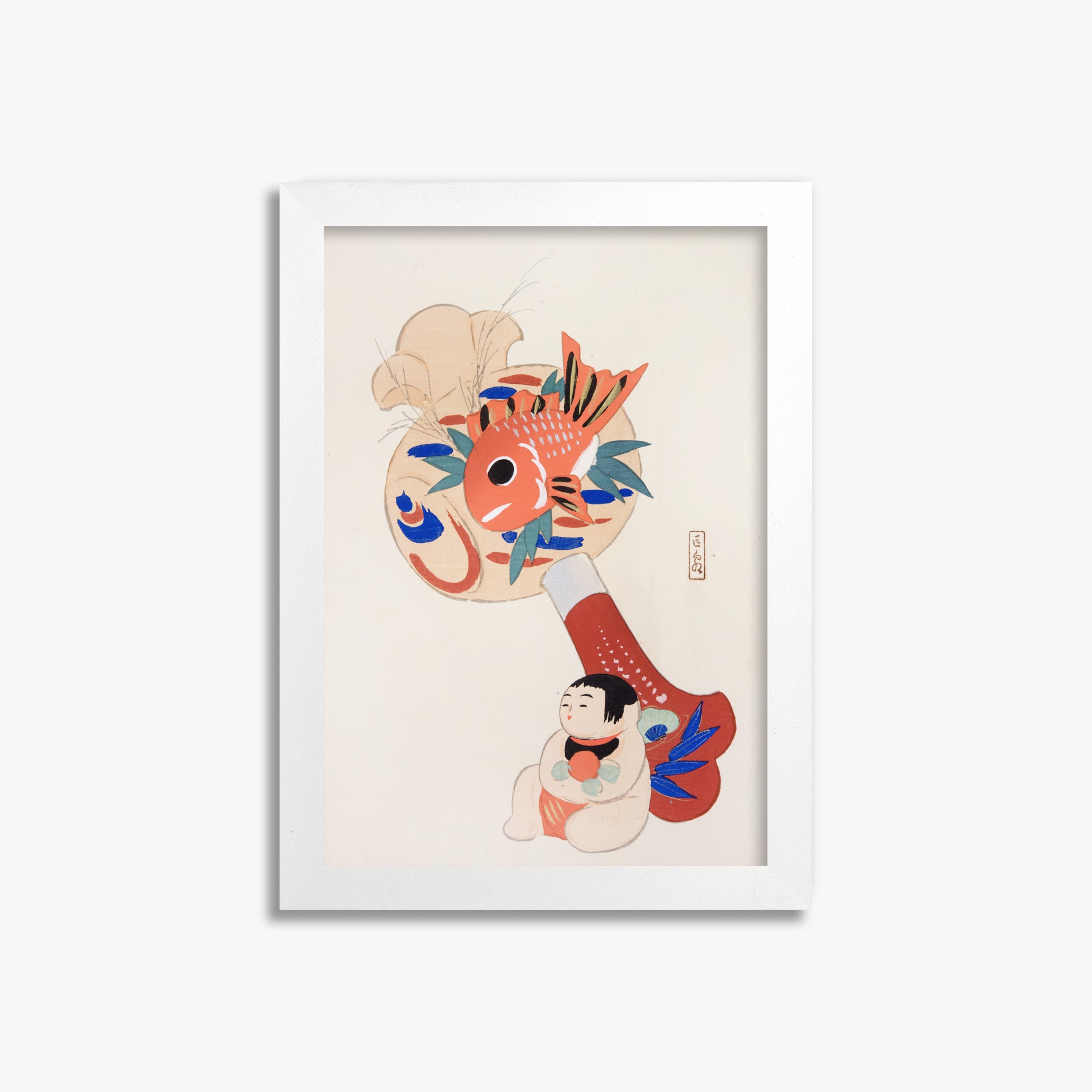Kawasaki Kyosen: Kyosen’s Collected Illustrations of Japanese Toys Nr. 92 ("Golden Fish Paddle Play"), 21x30cm Framed Art Reproduction With White Frame