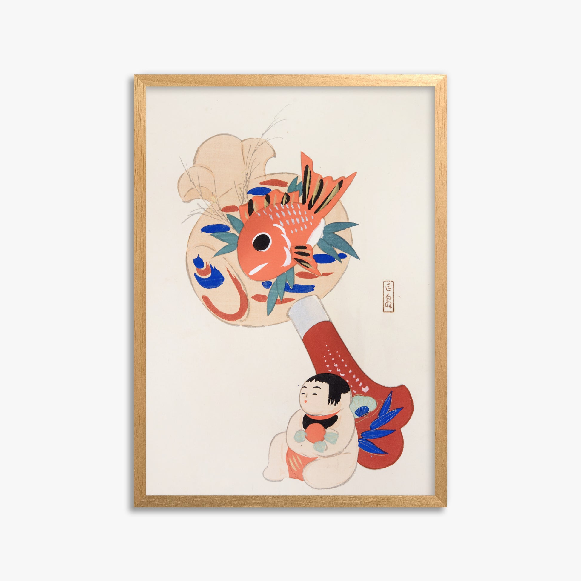 Kawasaki Kyosen: Kyosen’s Collected Illustrations of Japanese Toys Nr. 92 ("Golden Fish Paddle Play"), 50x70cm Framed Art Reproduction With Oak Frame