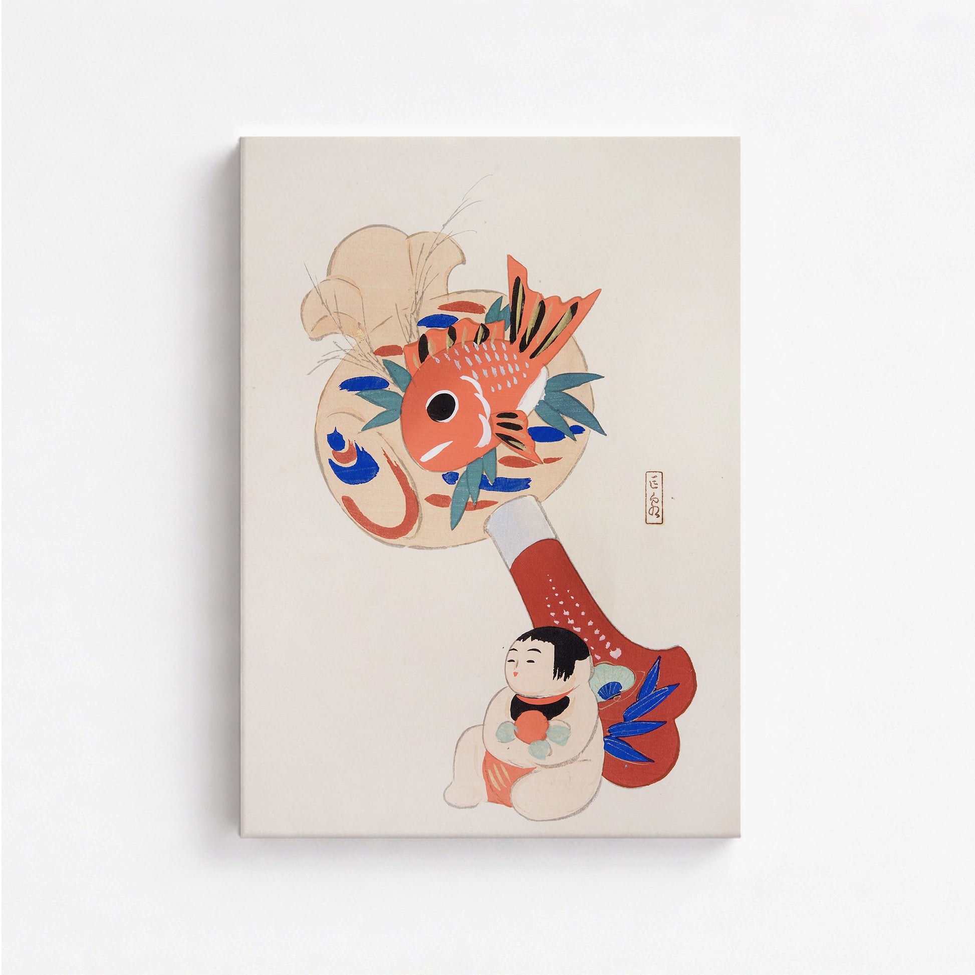 Kawasaki Kyosen: Kyosen’s Collected Illustrations of Japanese Toys Nr. 92 ("Golden Fish Paddle Play"), 50x70cm Satin Canvas Art Reproduction