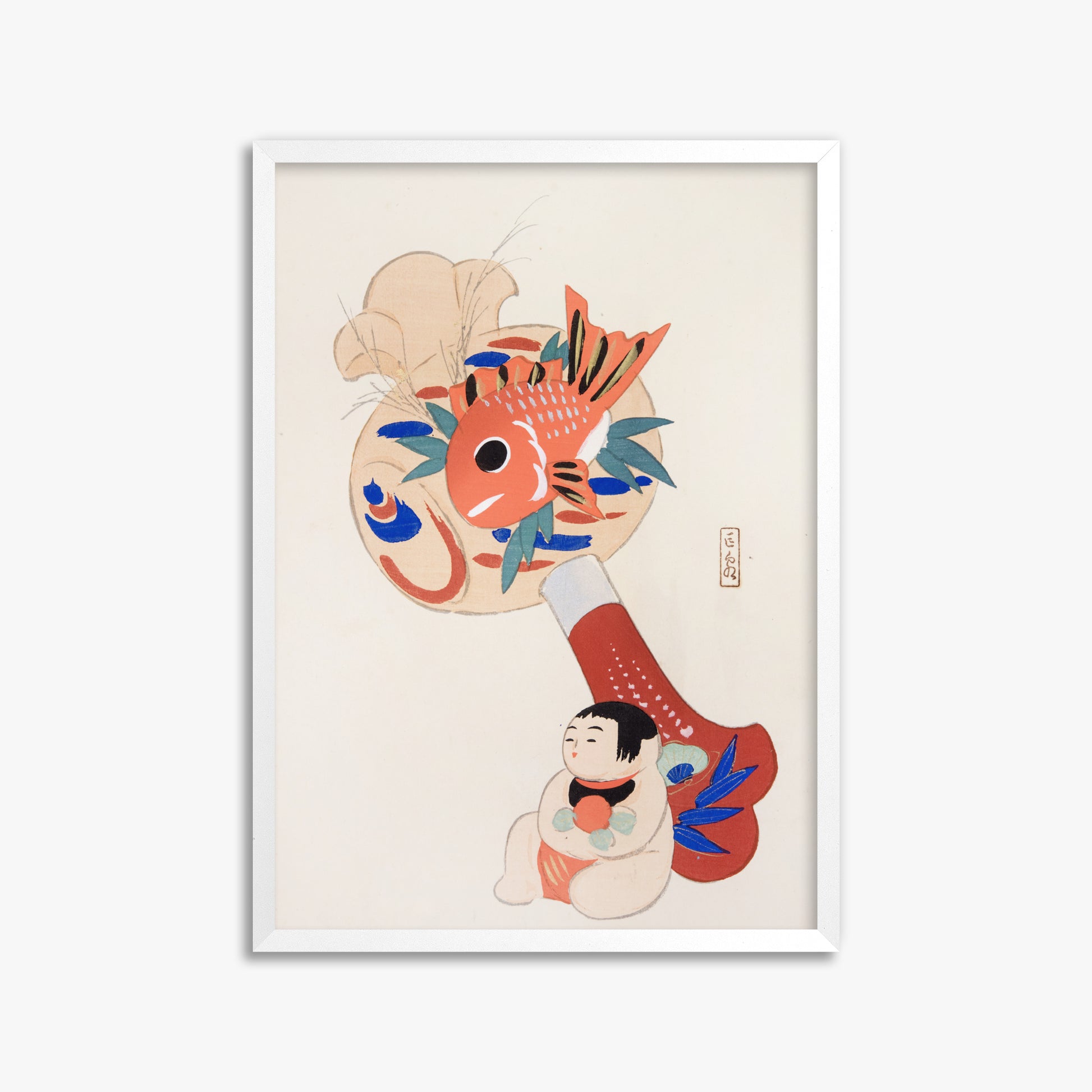 Kawasaki Kyosen: Kyosen’s Collected Illustrations of Japanese Toys Nr. 92 ("Golden Fish Paddle Play"), 50x70cm Framed Art Reproduction With White Frame