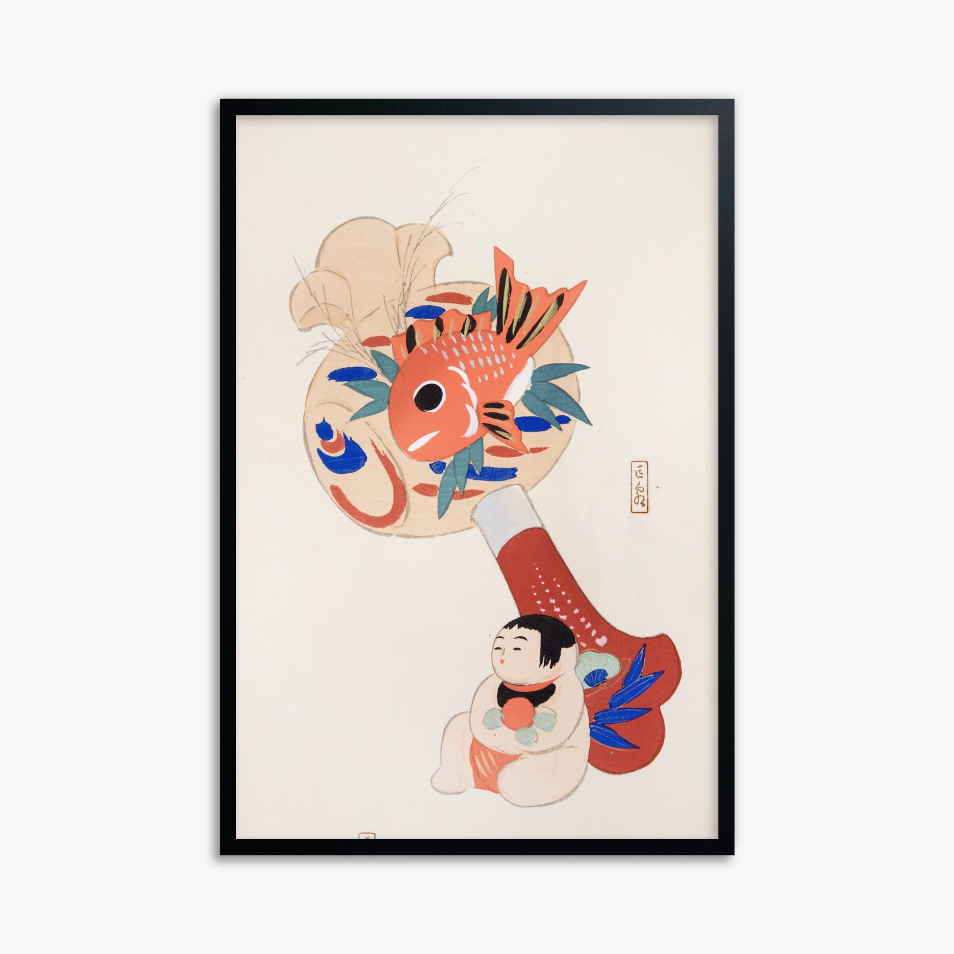 Kawasaki Kyosen: Kyosen’s Collected Illustrations of Japanese Toys Nr. 92 ("Golden Fish Paddle Play"), 61x91cm Framed Art Reproduction With Black Frame