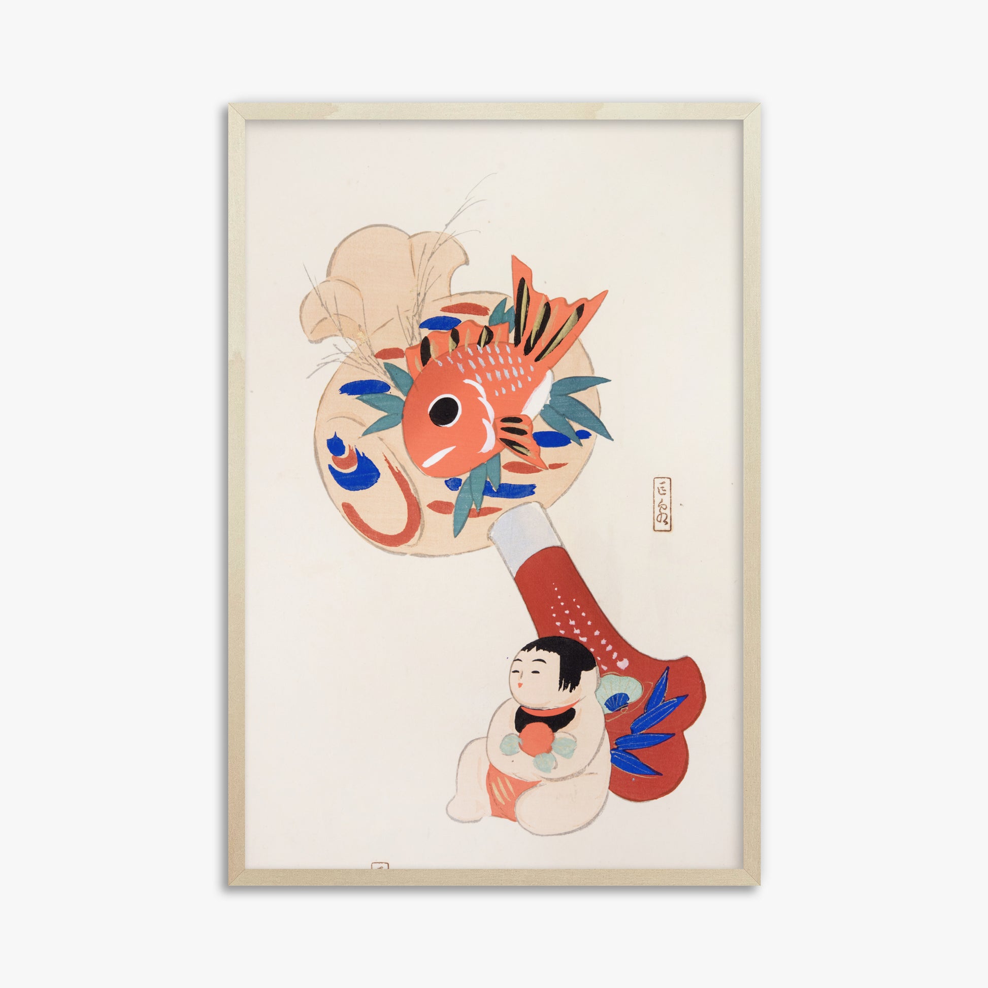 Kawasaki Kyosen: Kyosen’s Collected Illustrations of Japanese Toys Nr. 92 ("Golden Fish Paddle Play"), 61x91cm Framed Art Reproduction With Lime Wood Frame