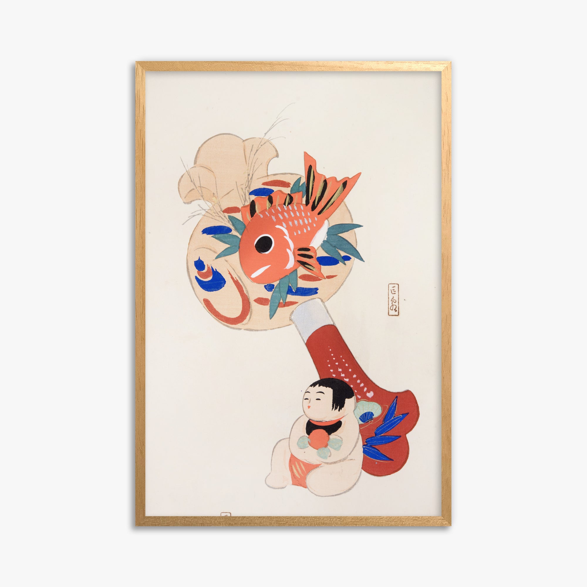 Kawasaki Kyosen: Kyosen’s Collected Illustrations of Japanese Toys Nr. 92 ("Golden Fish Paddle Play"), 61x91cm Framed Art Reproduction With Oak Frame