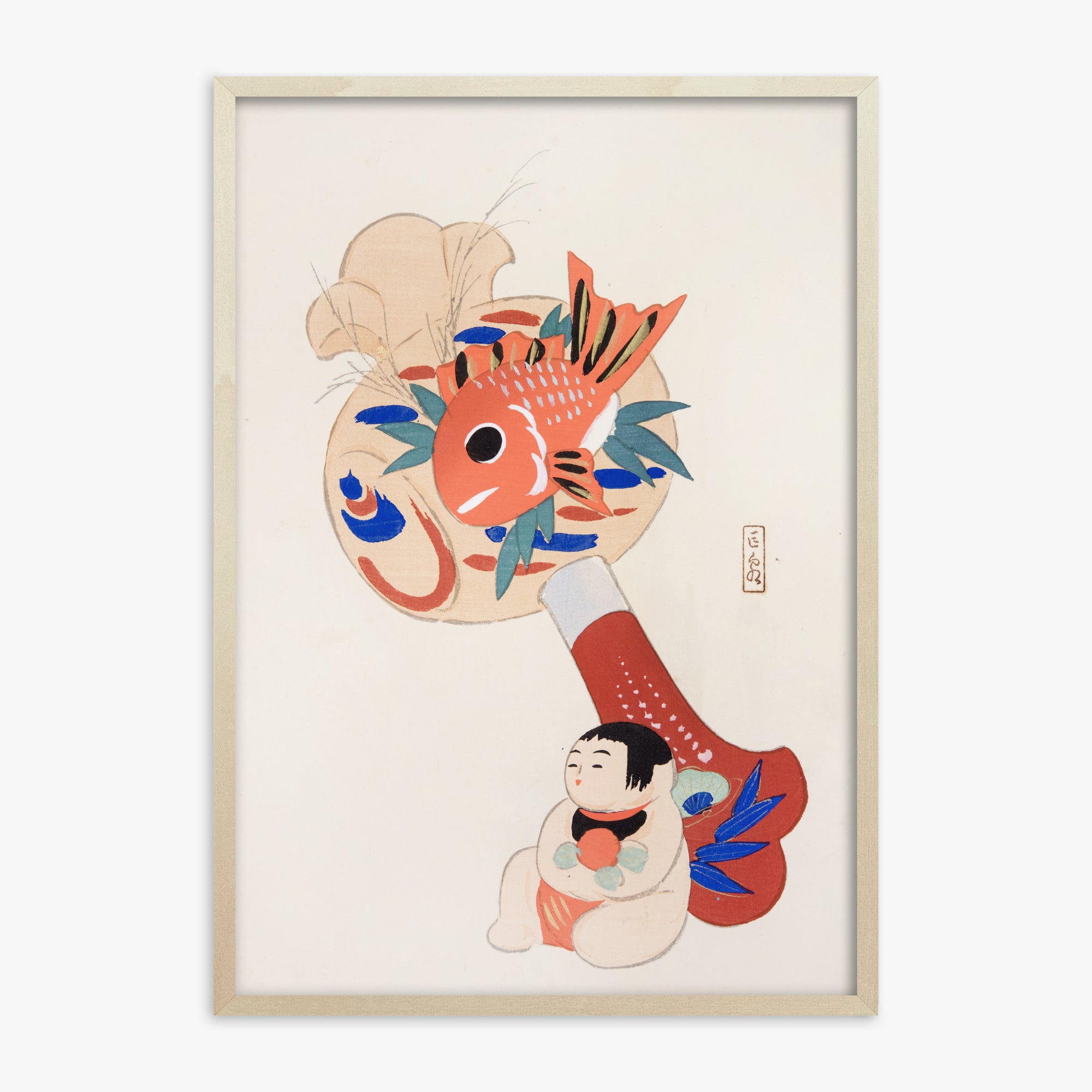 Kawasaki Kyosen: Kyosen’s Collected Illustrations of Japanese Toys Nr. 92 ("Golden Fish Paddle Play"), 70x100cm Framed Art Reproduction With Lime Wood Frame