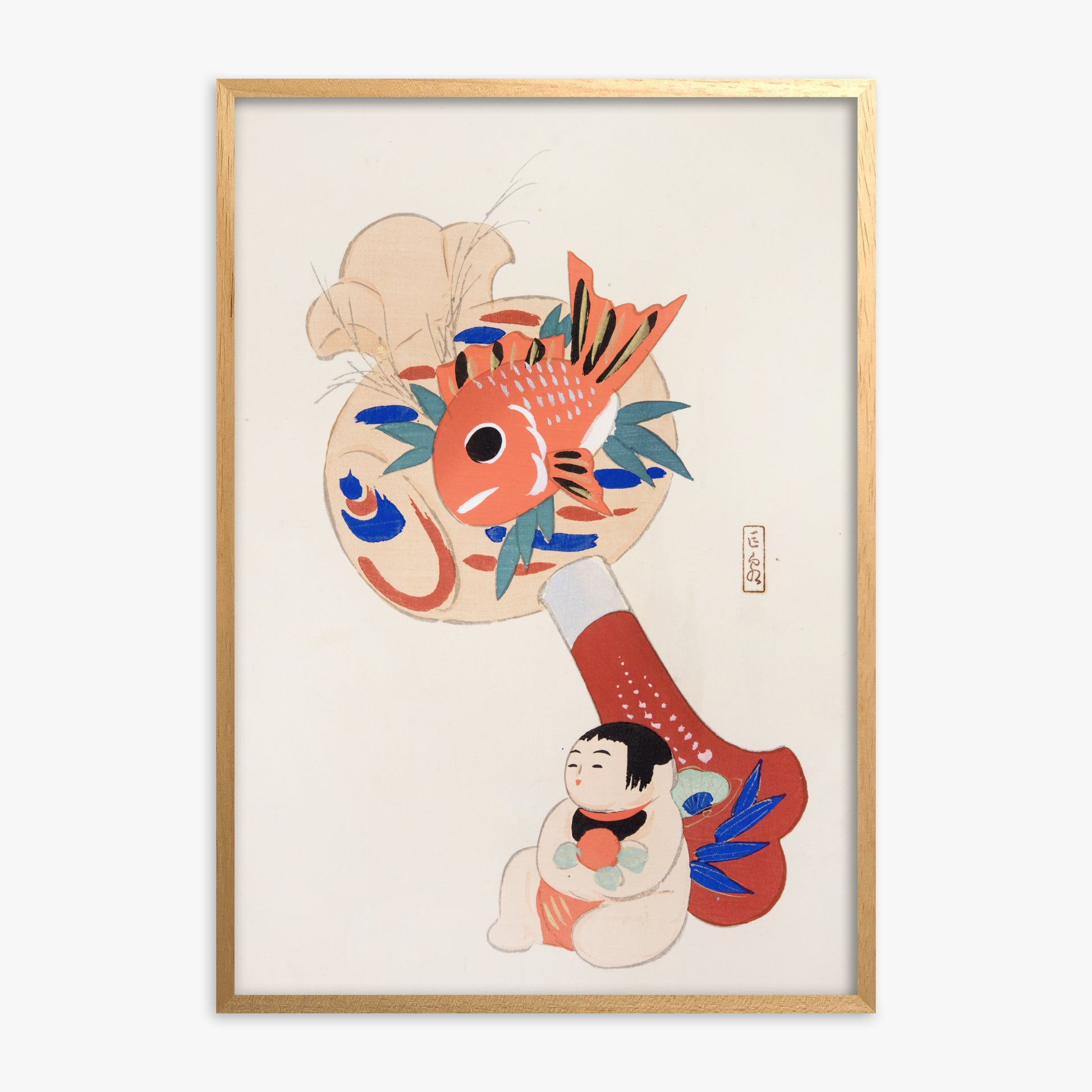 Kawasaki Kyosen: Kyosen’s Collected Illustrations of Japanese Toys Nr. 92 ("Golden Fish Paddle Play"), Oak Framed Art Reproduction With Oak Frame