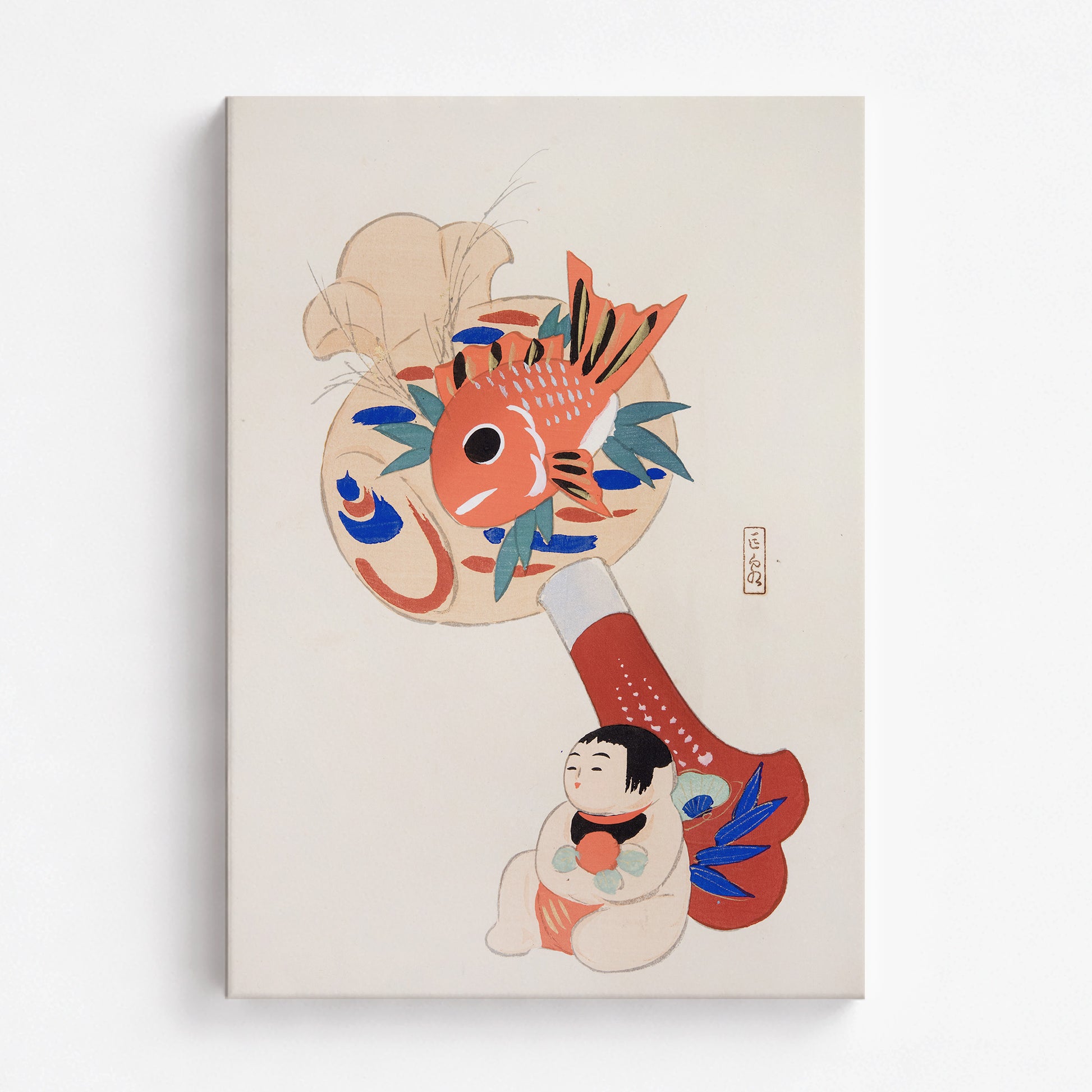 Kawasaki Kyosen: Kyosen’s Collected Illustrations of Japanese Toys Nr. 92 ("Golden Fish Paddle Play"), 70x100cm Satin Canvas Art Reproduction