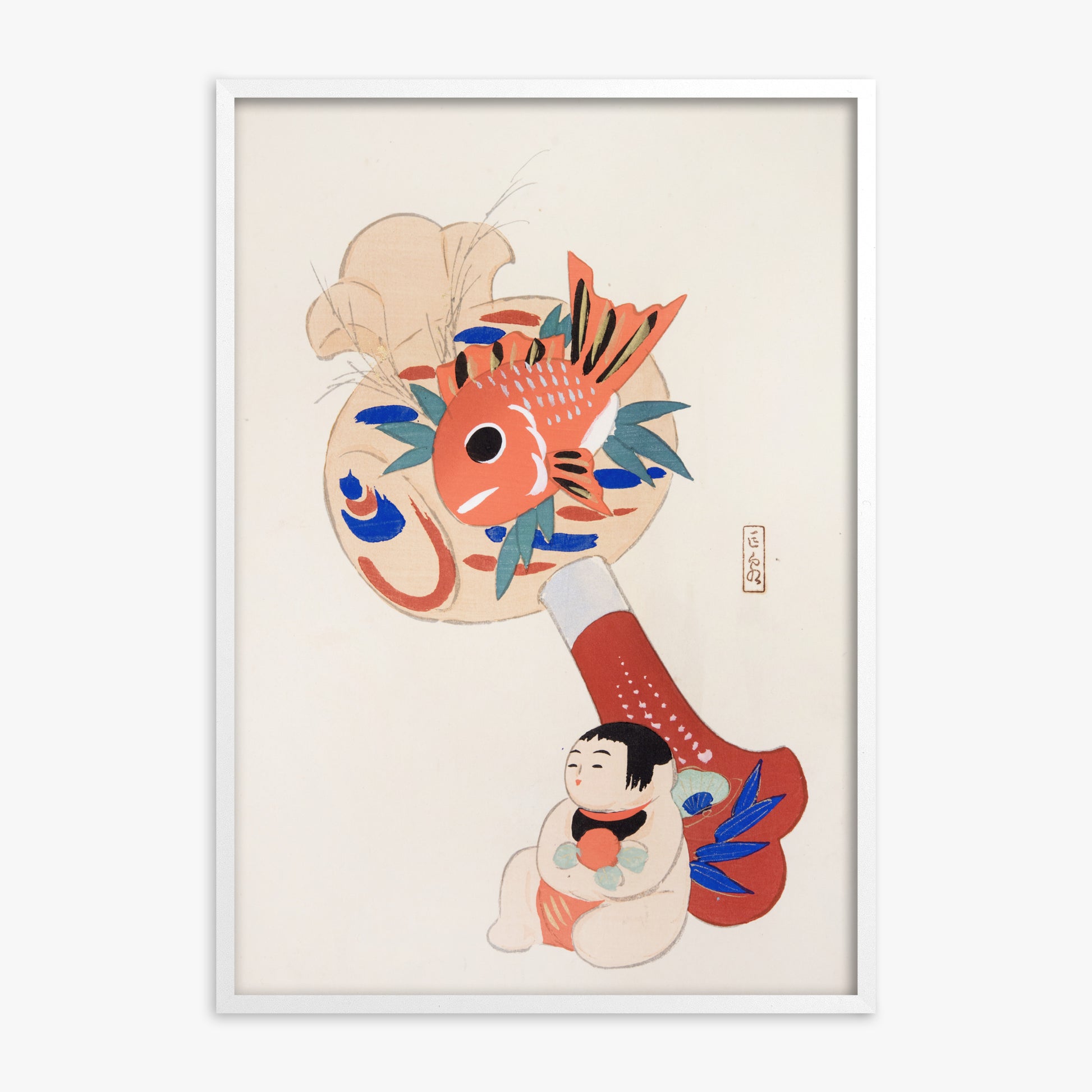 Kawasaki Kyosen: Kyosen’s Collected Illustrations of Japanese Toys Nr. 92 ("Golden Fish Paddle Play"), White Framed Art Reproduction With White Frame