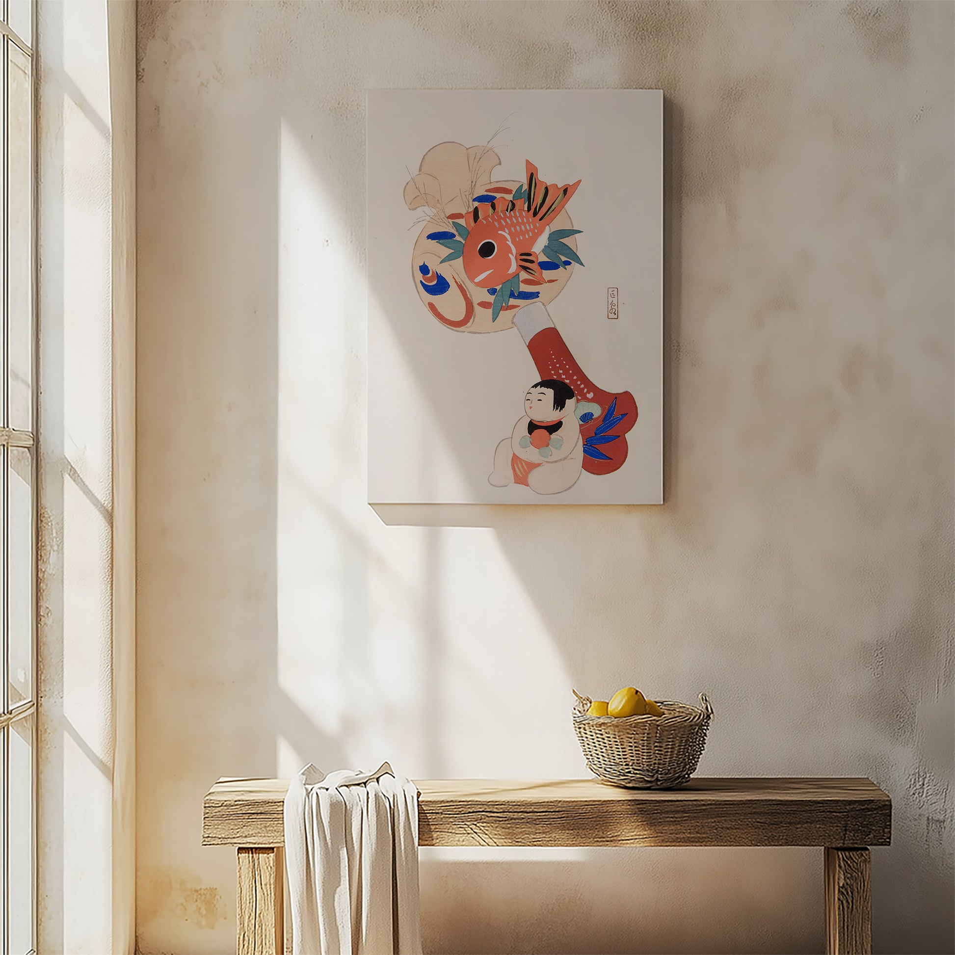 Design Concept No. 54 for Kawasaki Kyosen: Kyosen’s Collected Illustrations of Japanese Toys Nr. 92 ("Golden Fish Paddle Play") Japanese Satin Canvas Wall Art