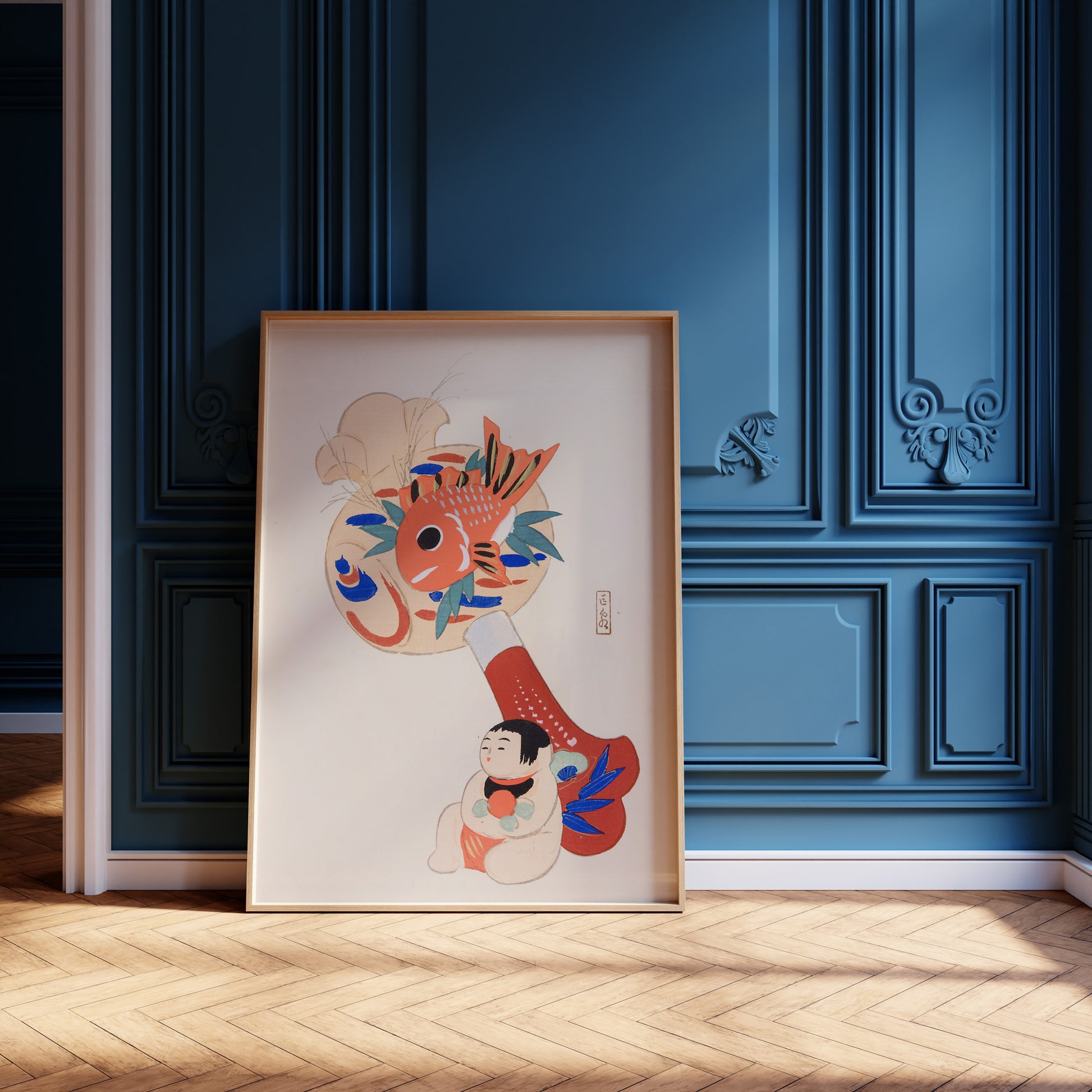 Design Concept No. 12 for Kawasaki Kyosen: Kyosen’s Collected Illustrations of Japanese Toys Nr. 92 ("Golden Fish Paddle Play") Japanese Wall Art