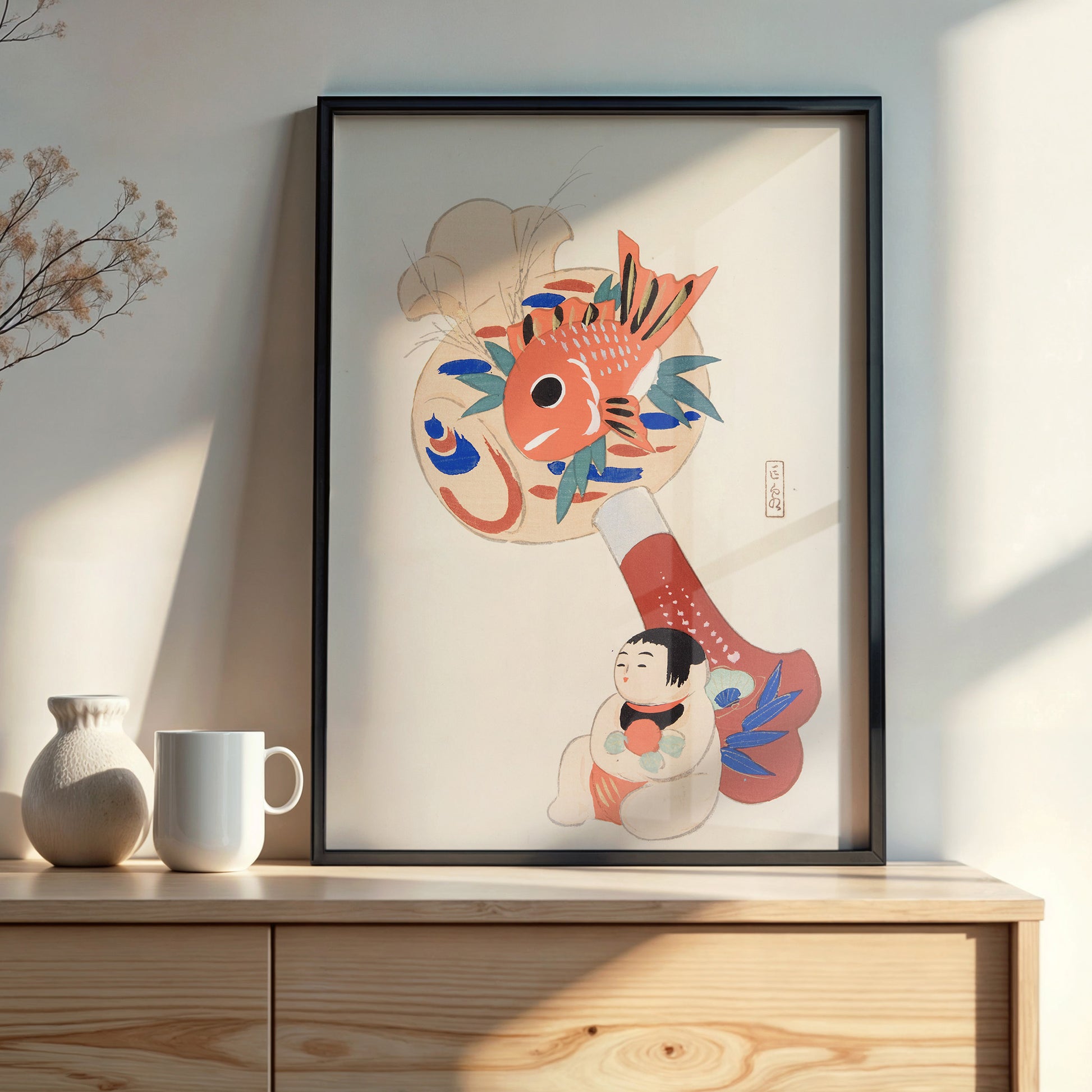 Design Concept No. 22 for Kawasaki Kyosen: Kyosen’s Collected Illustrations of Japanese Toys Nr. 92 ("Golden Fish Paddle Play") Japanese Wall Art