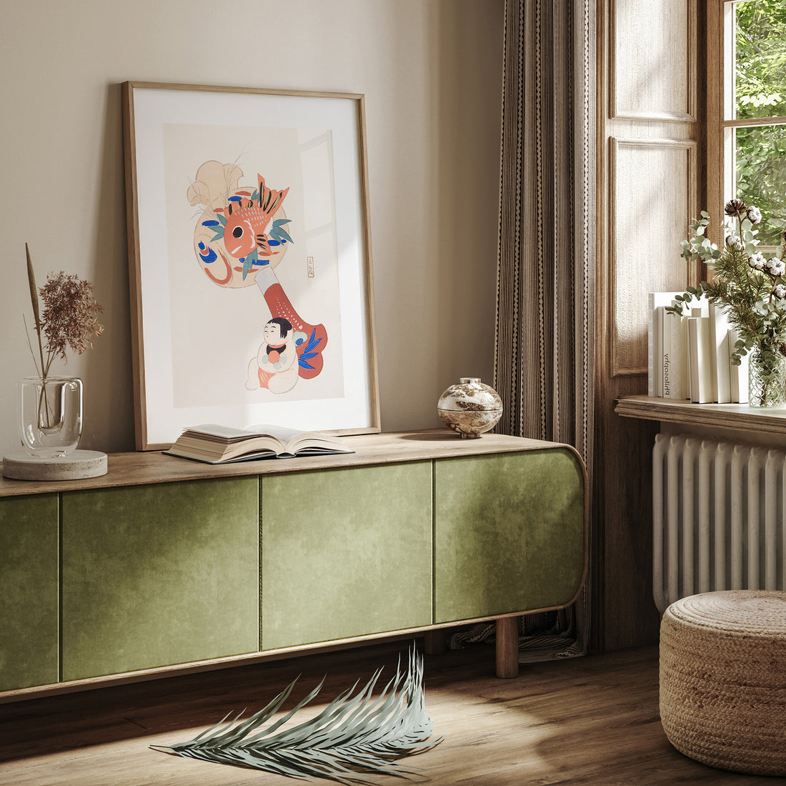 Kawasaki Kyosen: Kyosen’s Collected Illustrations of Japanese Toys Nr. 92 ("Golden Fish Paddle Play"), 50x70cm Framed Art Reproduction With Black Frame
