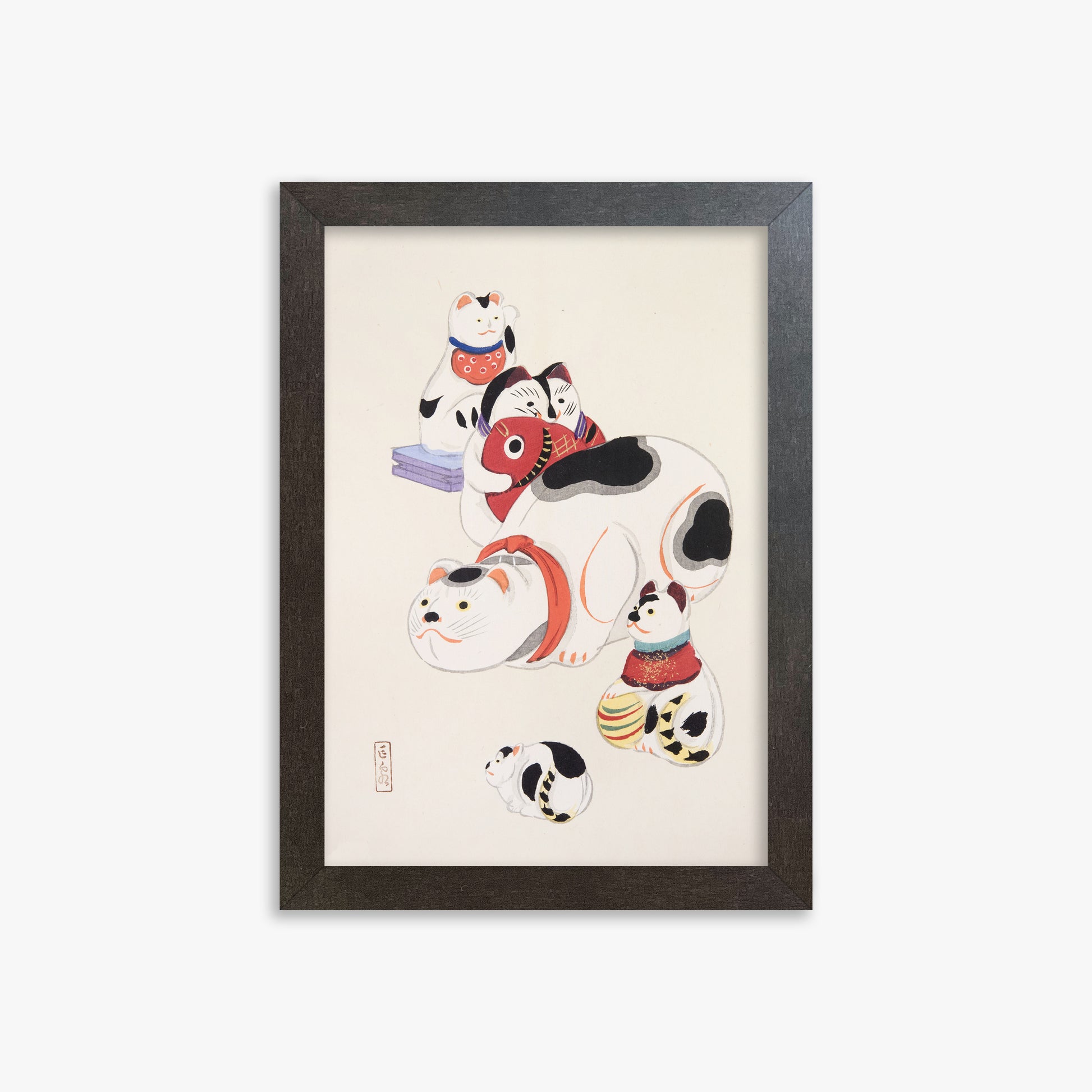 Kawasaki Kyosen: Kyosen’s Collected Illustrations of Japanese Toys Nr. 93 ("Fortune Ride Quartet"), 21x30cm Framed Art Reproduction With Espresso Frame