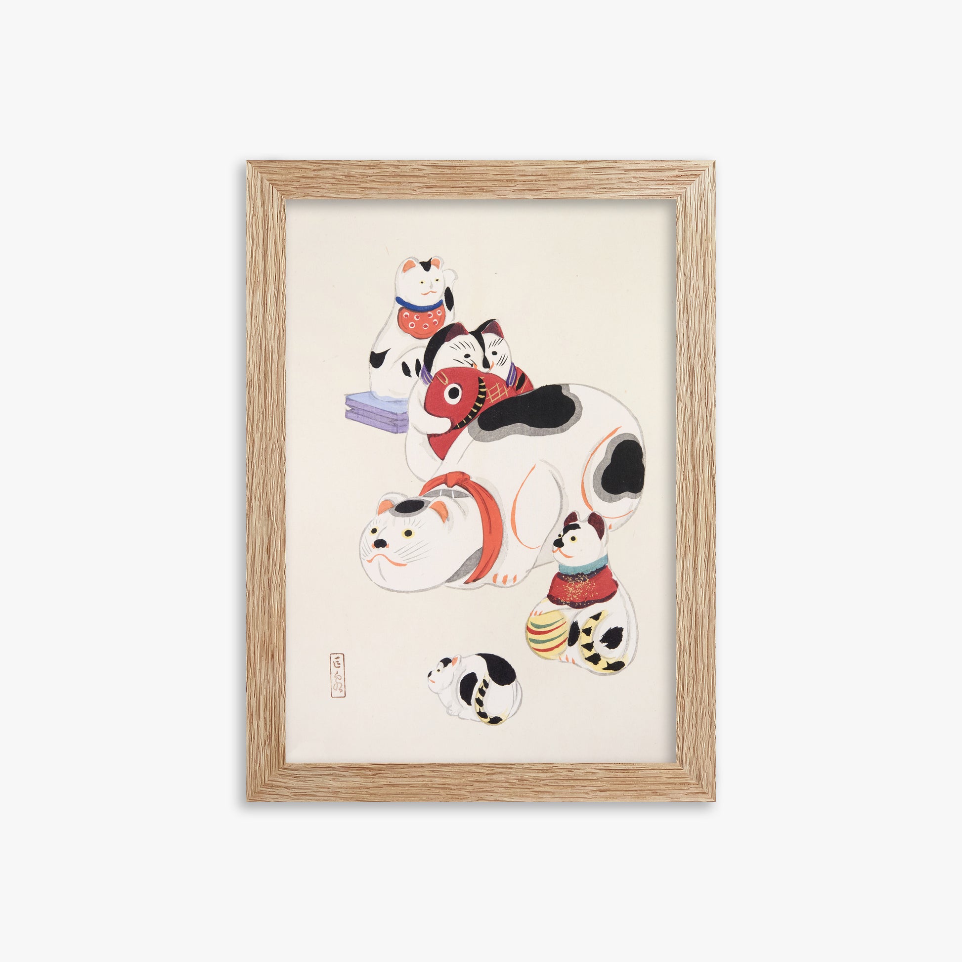 Kawasaki Kyosen: Kyosen’s Collected Illustrations of Japanese Toys Nr. 93 ("Fortune Ride Quartet"), 21x30cm Framed Art Reproduction With Raw Oak Frame