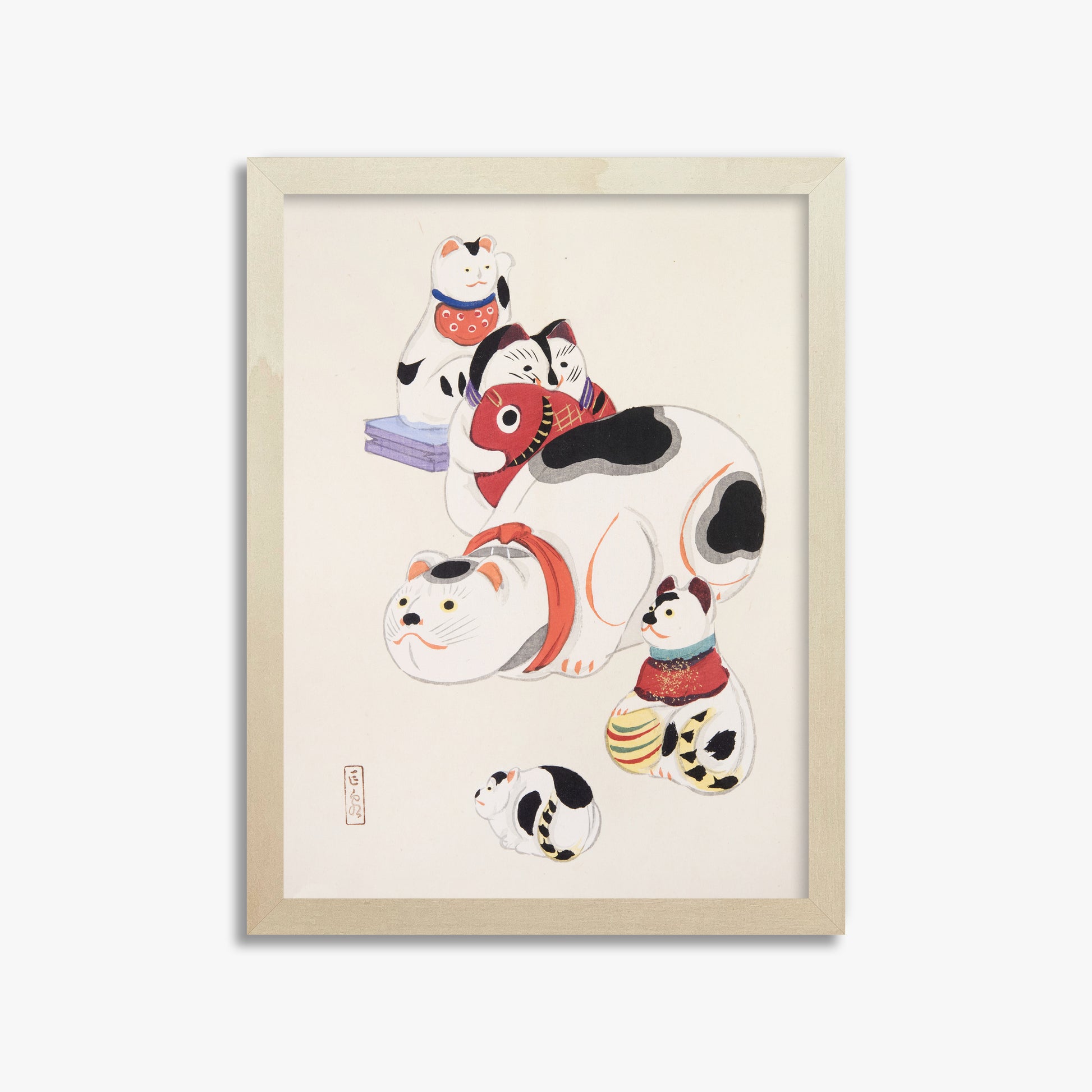 Kawasaki Kyosen: Kyosen’s Collected Illustrations of Japanese Toys Nr. 93 ("Fortune Ride Quartet"), 30x40cm Framed Art Reproduction With Lime Wood Frame