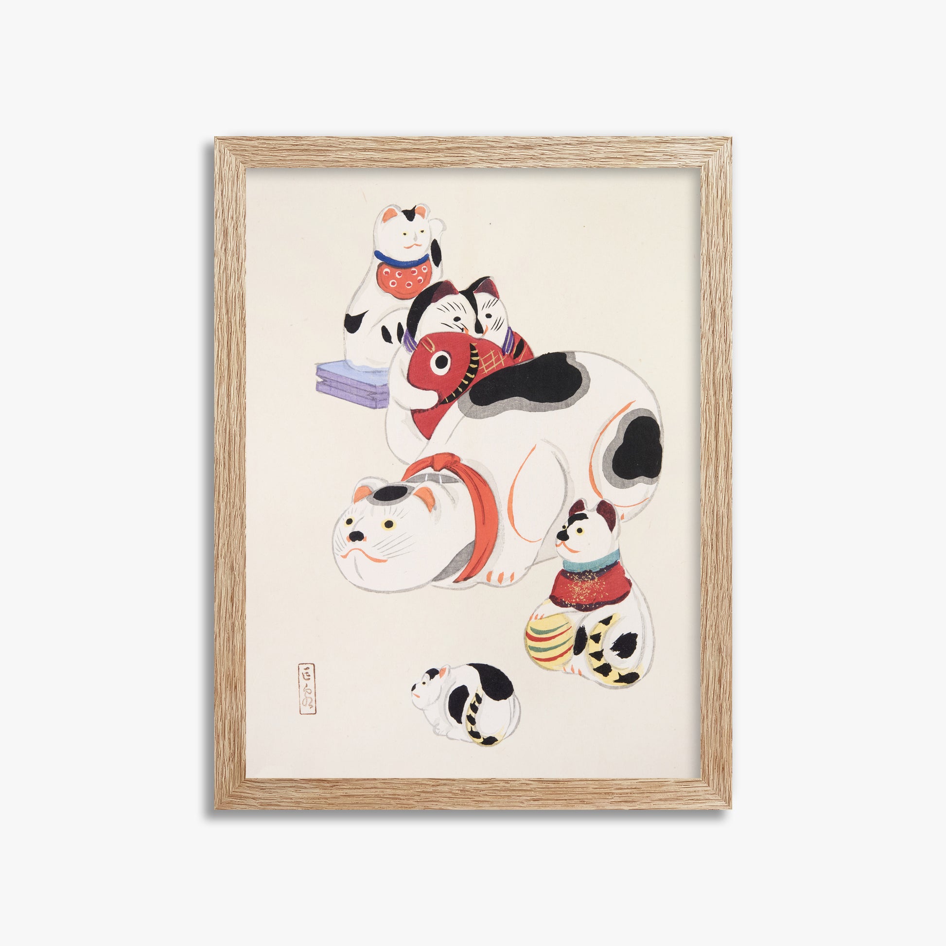 Kawasaki Kyosen: Kyosen’s Collected Illustrations of Japanese Toys Nr. 93 ("Fortune Ride Quartet"), 30x40cm Framed Art Reproduction With Raw Oak Frame
