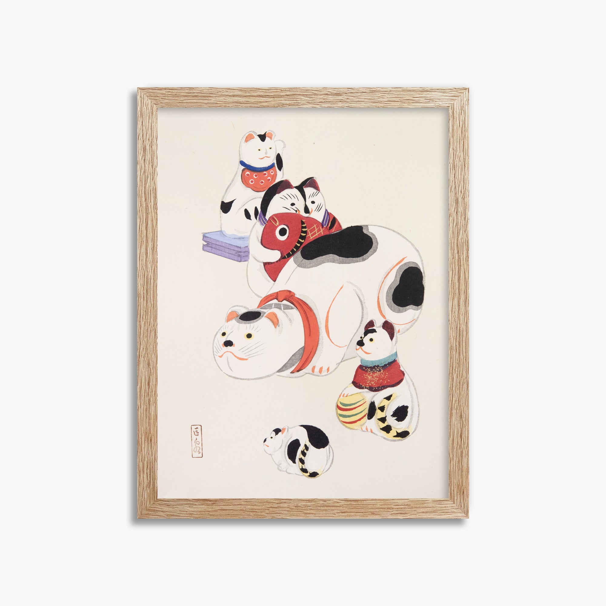 Kawasaki Kyosen: Kyosen’s Collected Illustrations of Japanese Toys Nr. 93 ("Fortune Ride Quartet"), 30x40cm Framed Art Reproduction With Raw Oak Frame