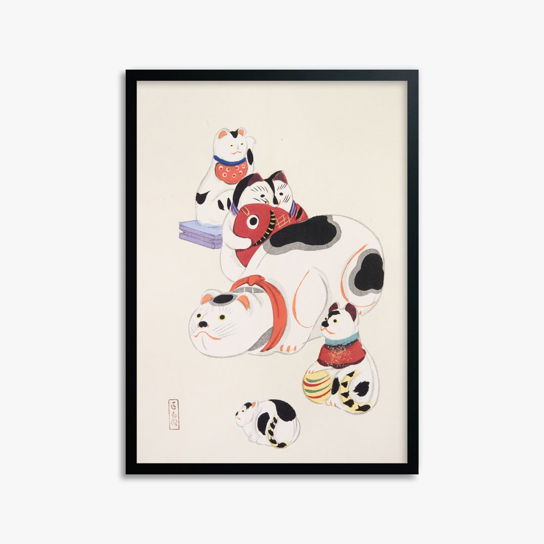 Kawasaki Kyosen: Kyosen’s Collected Illustrations of Japanese Toys Nr. 93 ("Fortune Ride Quartet"), 50x70cm Framed Art Reproduction With Black Frame
