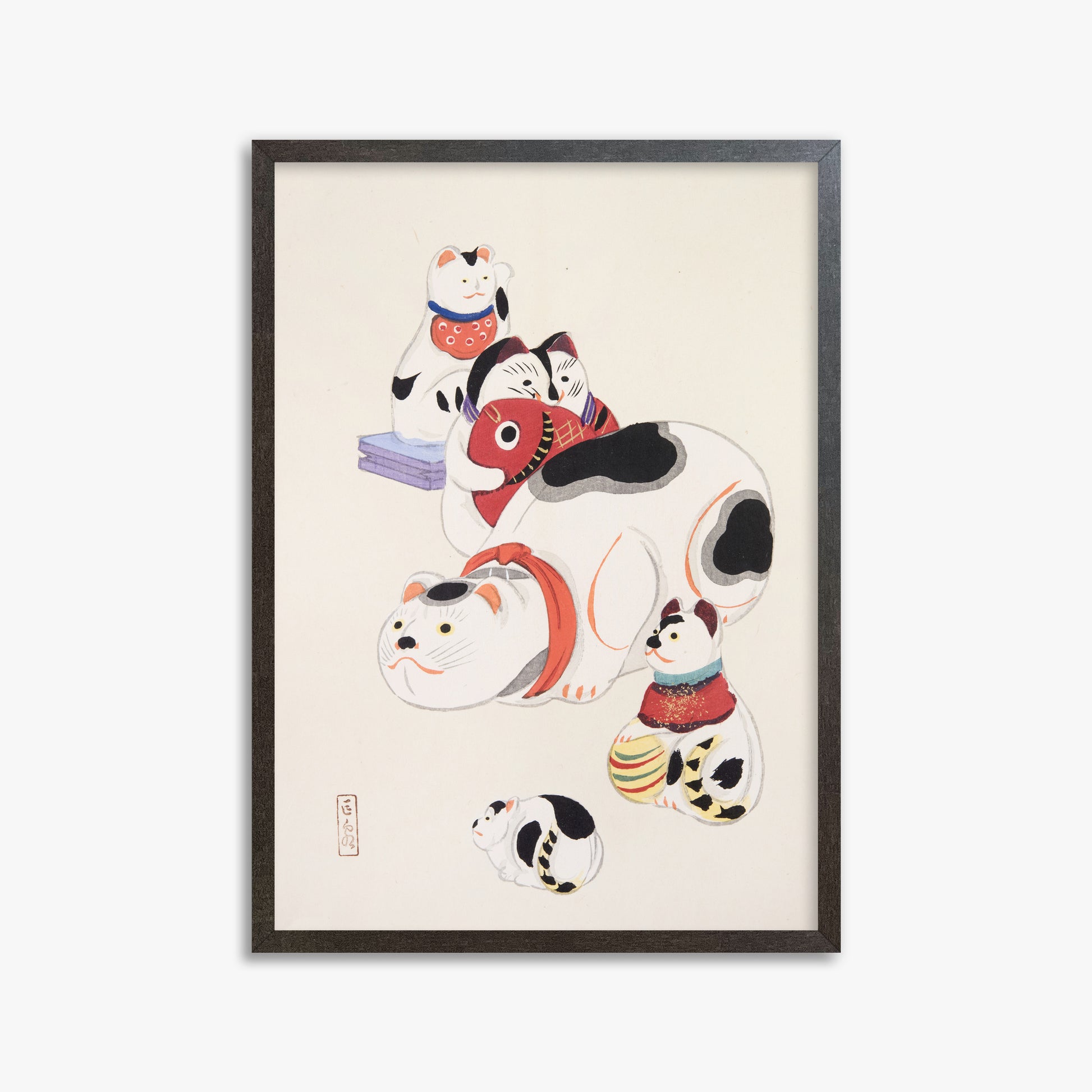 Kawasaki Kyosen: Kyosen’s Collected Illustrations of Japanese Toys Nr. 93 ("Fortune Ride Quartet"), 50x70cm Framed Art Reproduction With Espresso Frame