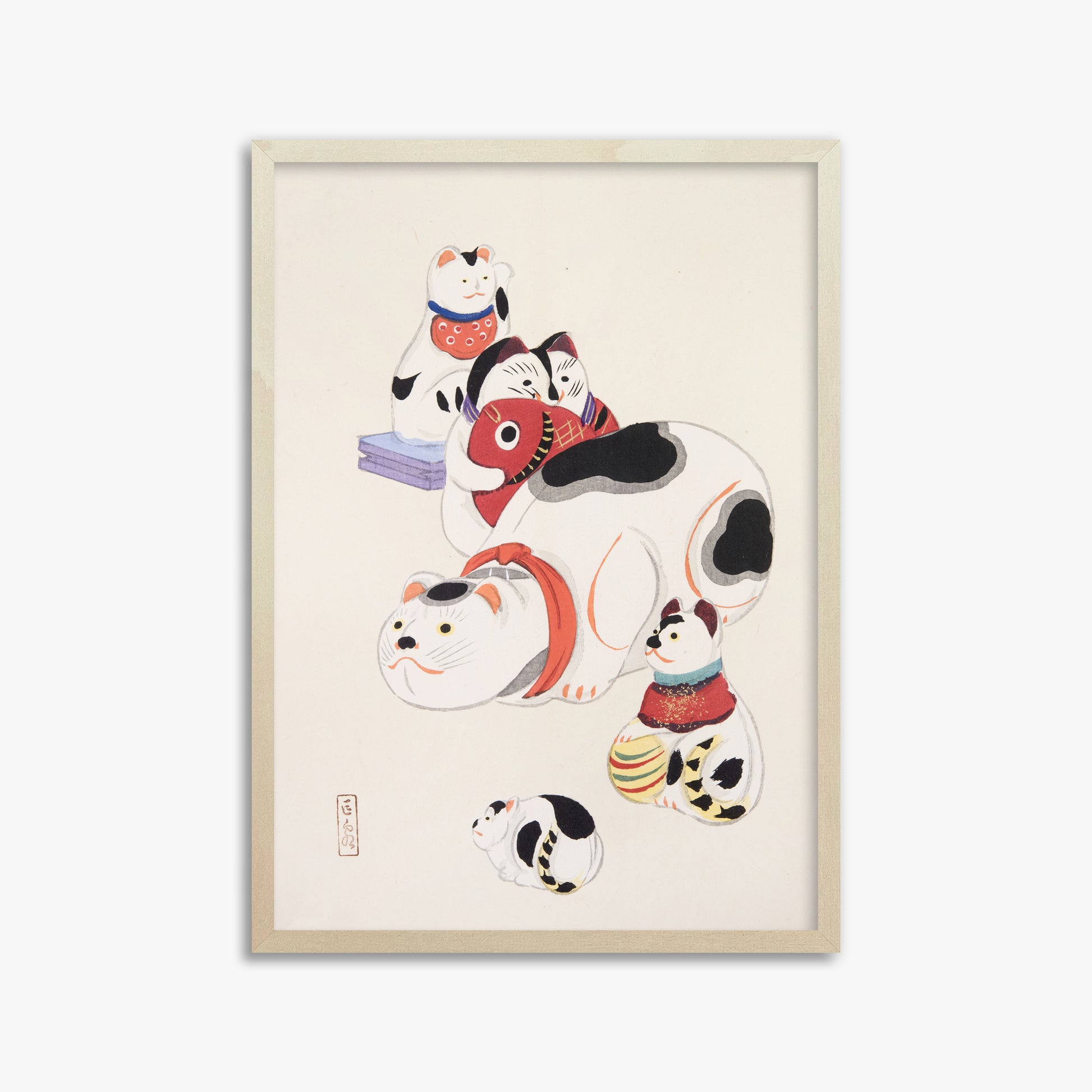 Kawasaki Kyosen: Kyosen’s Collected Illustrations of Japanese Toys Nr. 93 ("Fortune Ride Quartet"), 50x70cm Framed Art Reproduction With Lime Wood Frame