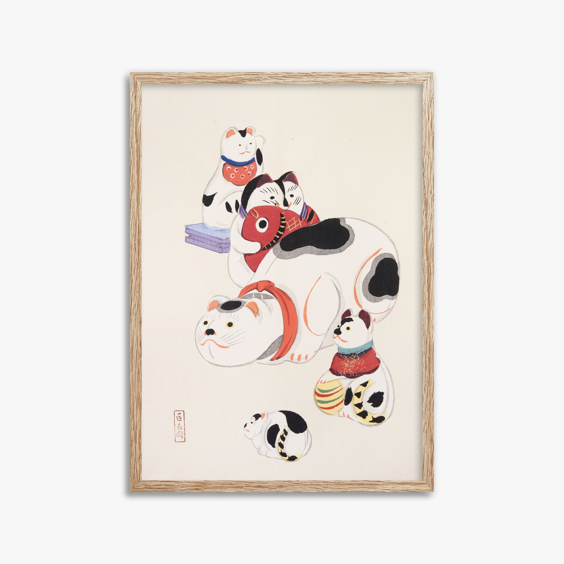 Kawasaki Kyosen: Kyosen’s Collected Illustrations of Japanese Toys Nr. 93 ("Fortune Ride Quartet"), 50x70cm Framed Art Reproduction With Raw Oak Frame