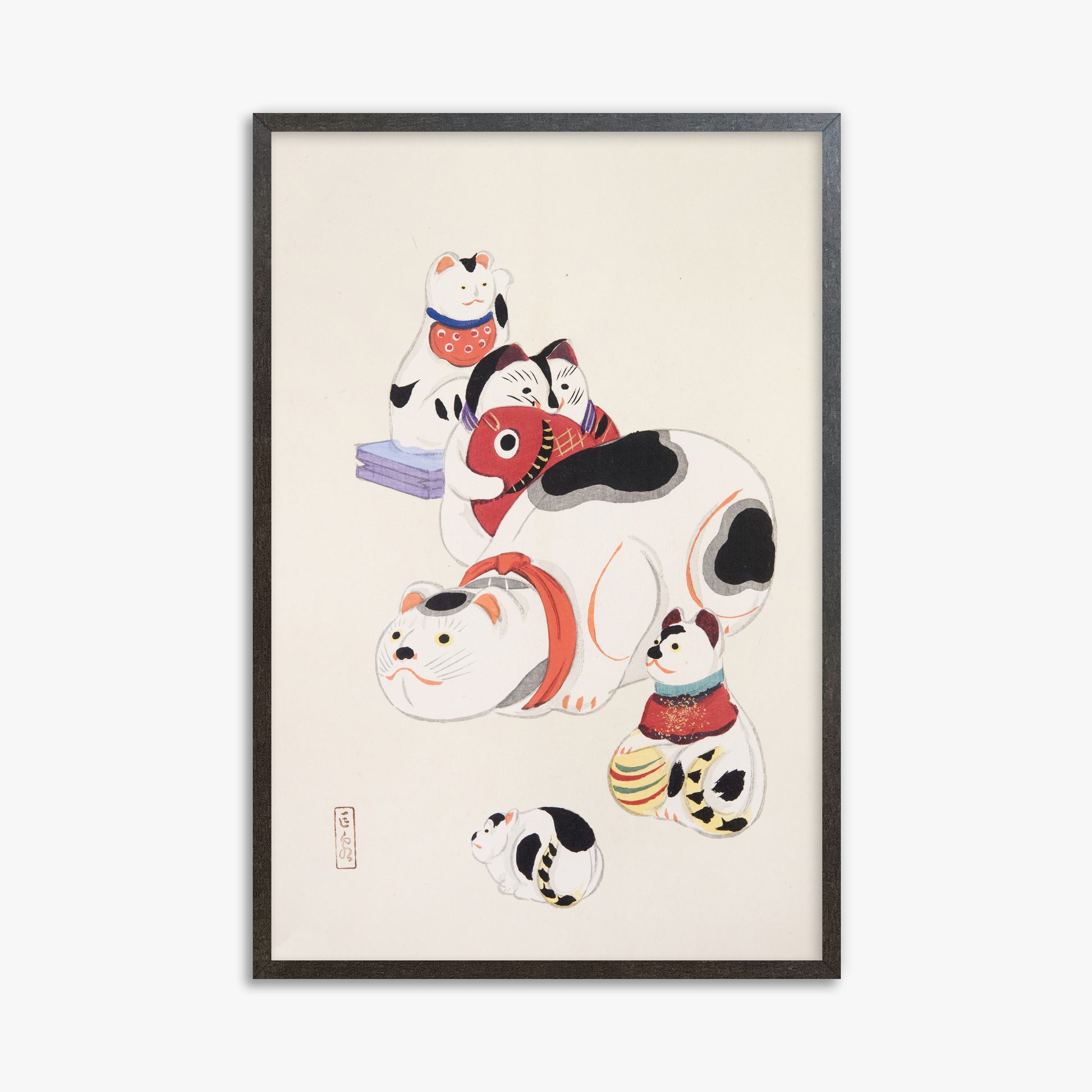 Kawasaki Kyosen: Kyosen’s Collected Illustrations of Japanese Toys Nr. 93 ("Fortune Ride Quartet"), 61x91cm Framed Art Reproduction With Espresso Frame