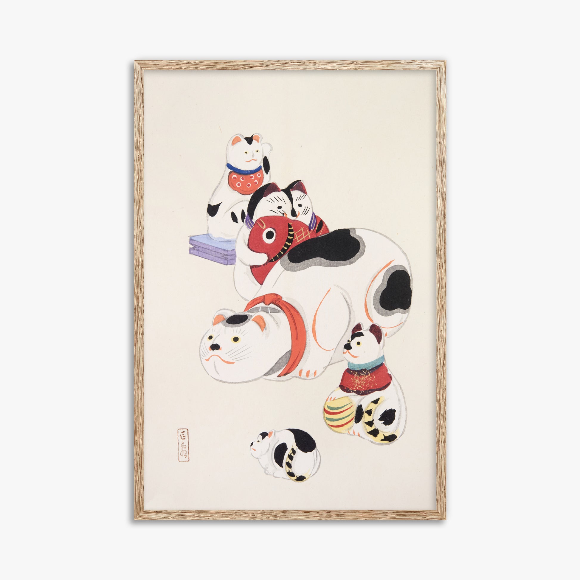 Kawasaki Kyosen: Kyosen’s Collected Illustrations of Japanese Toys Nr. 93 ("Fortune Ride Quartet"), 61x91cm Framed Art Reproduction With Raw Oak Frame