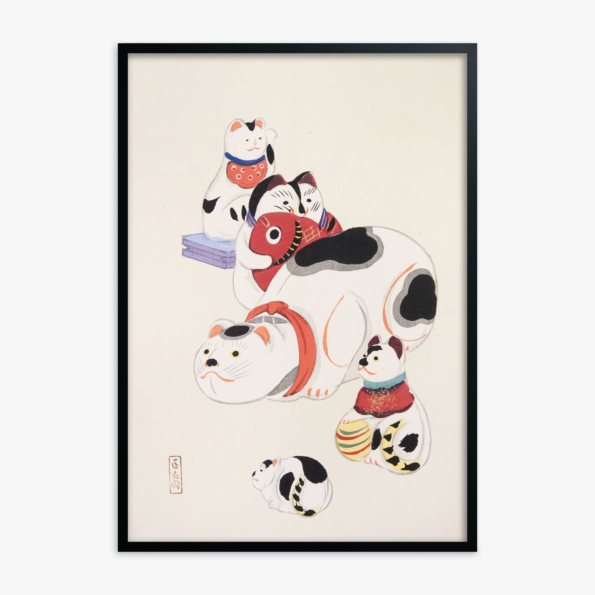 Kawasaki Kyosen: Kyosen’s Collected Illustrations of Japanese Toys Nr. 93 ("Fortune Ride Quartet"), Black Framed Art Reproduction With Black Frame
