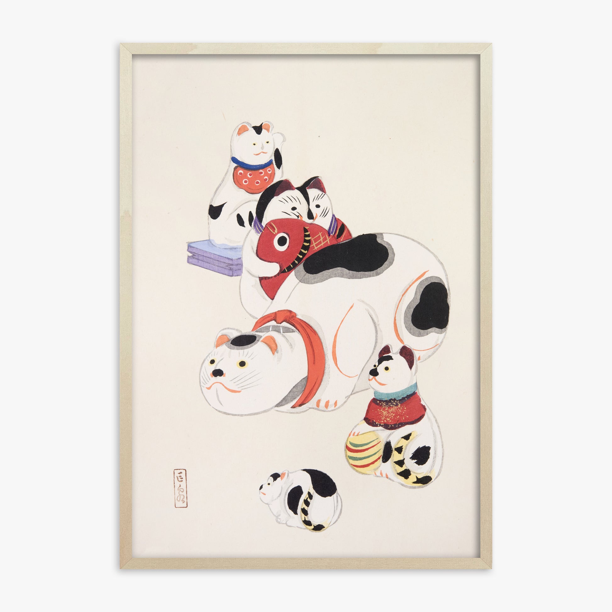 Kawasaki Kyosen: Kyosen’s Collected Illustrations of Japanese Toys Nr. 93 ("Fortune Ride Quartet"), 70x100cm Framed Art Reproduction With Lime Wood Frame