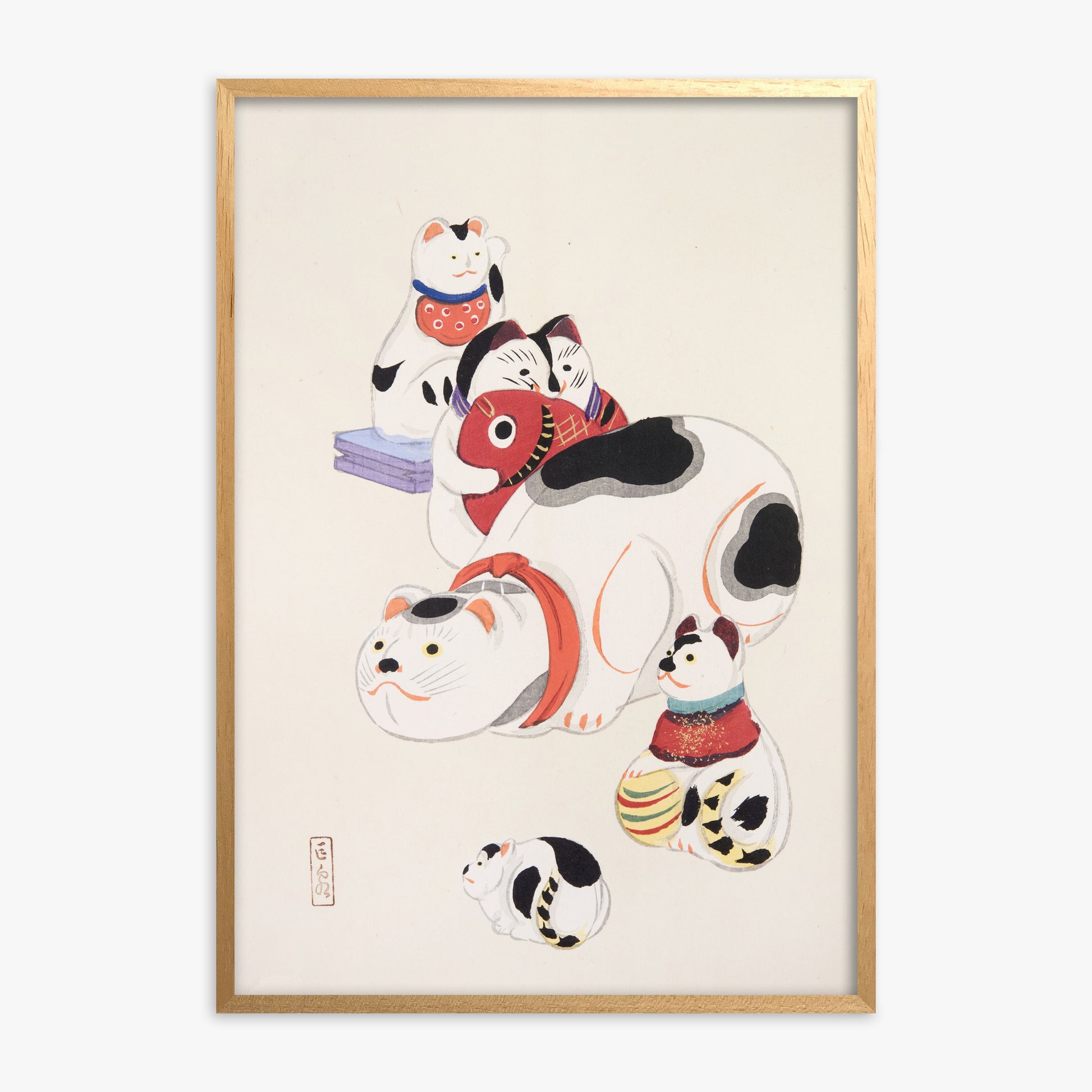 Kawasaki Kyosen: Kyosen’s Collected Illustrations of Japanese Toys Nr. 93 ("Fortune Ride Quartet"), Oak Framed Art Reproduction With Oak Frame