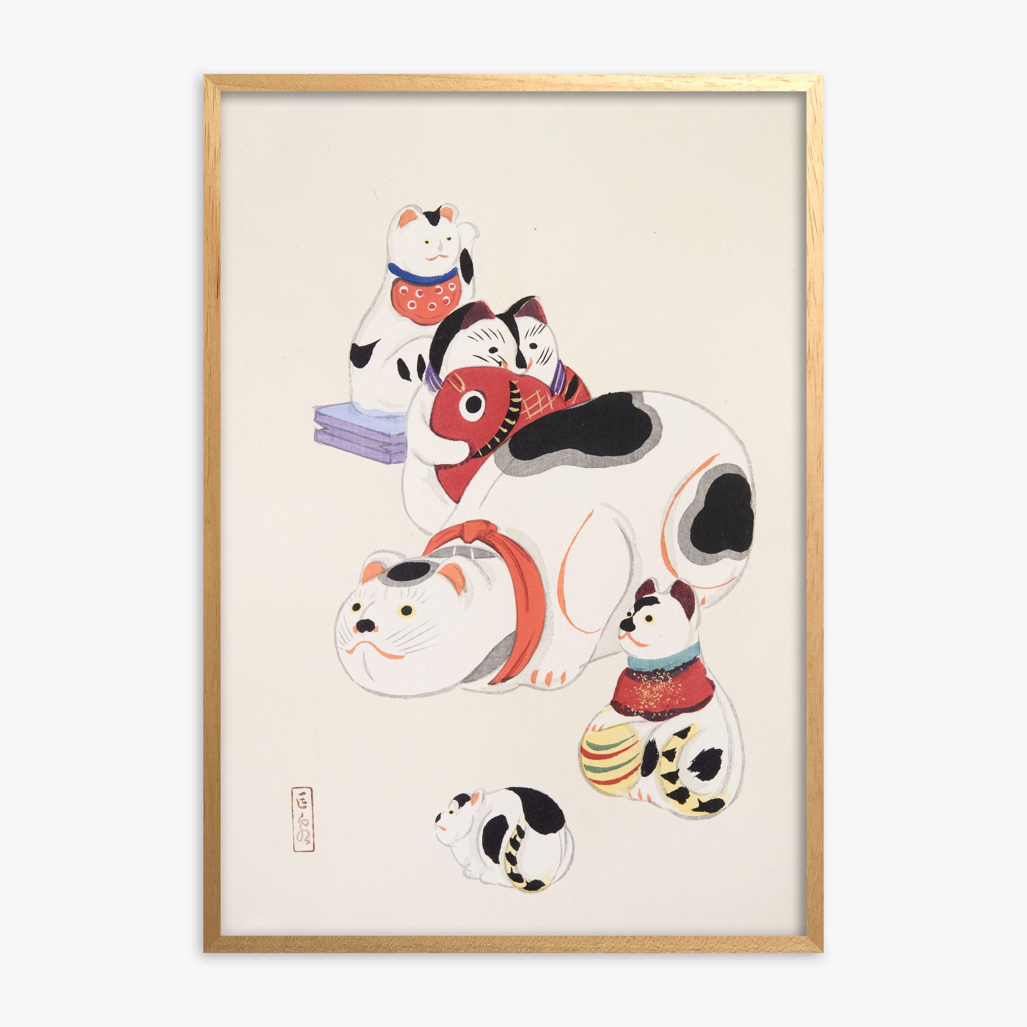Kawasaki Kyosen: Kyosen’s Collected Illustrations of Japanese Toys Nr. 93 ("Fortune Ride Quartet"), Oak Framed Art Reproduction With Oak Frame
