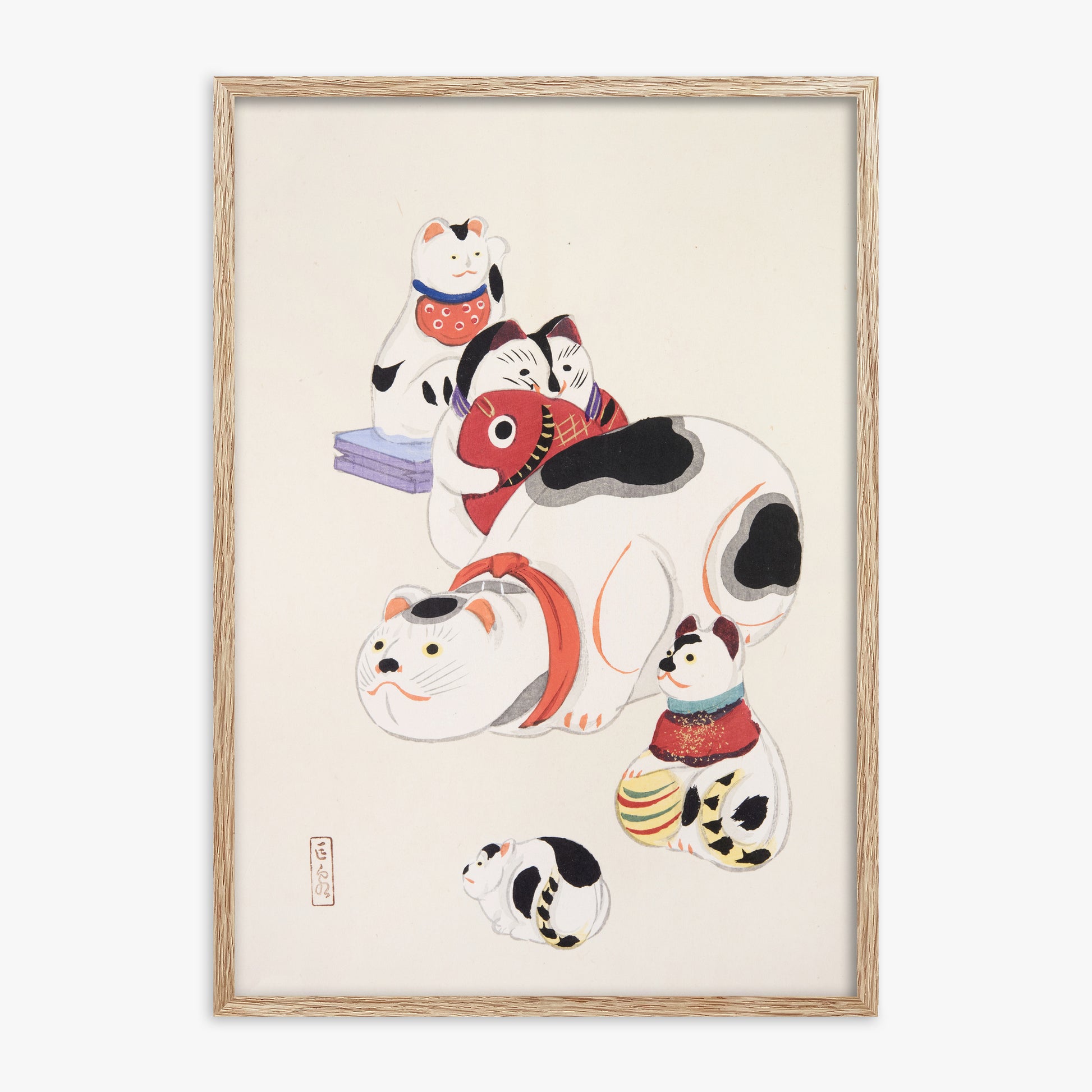 Kawasaki Kyosen: Kyosen’s Collected Illustrations of Japanese Toys Nr. 93 ("Fortune Ride Quartet"), 70x100cm Framed Art Reproduction With Raw Oak Frame