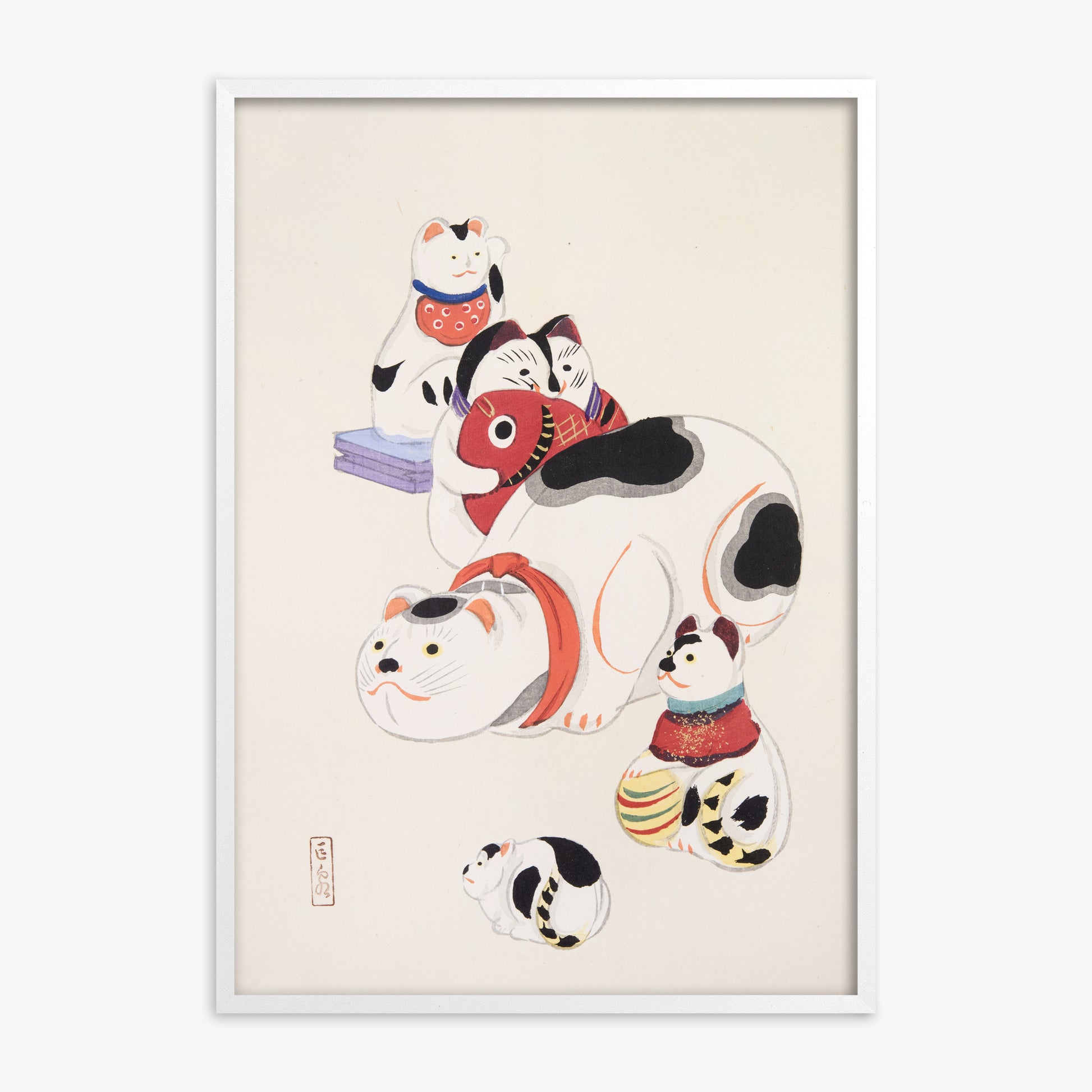 Kawasaki Kyosen: Kyosen’s Collected Illustrations of Japanese Toys Nr. 93 ("Fortune Ride Quartet"), White Framed Art Reproduction With White Frame