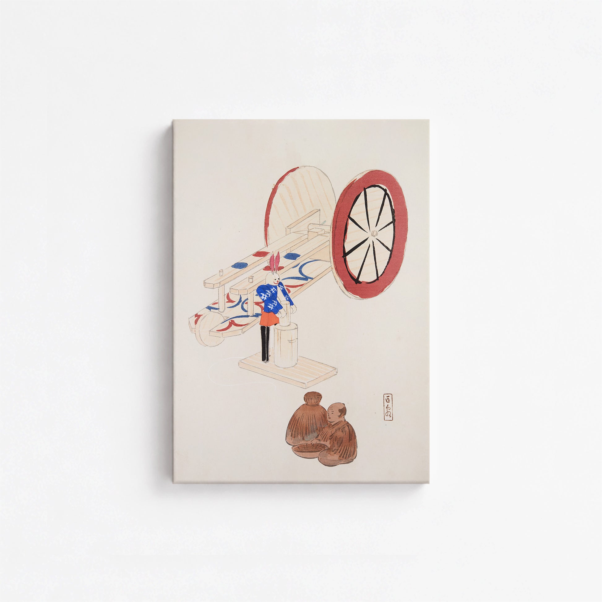 Kawasaki Kyosen: Kyosen’s Collected Illustrations of Japanese Toys Nr. 95 ("Wheel & Sake Carriage"), 21x30cm Satin Canvas Art Reproduction