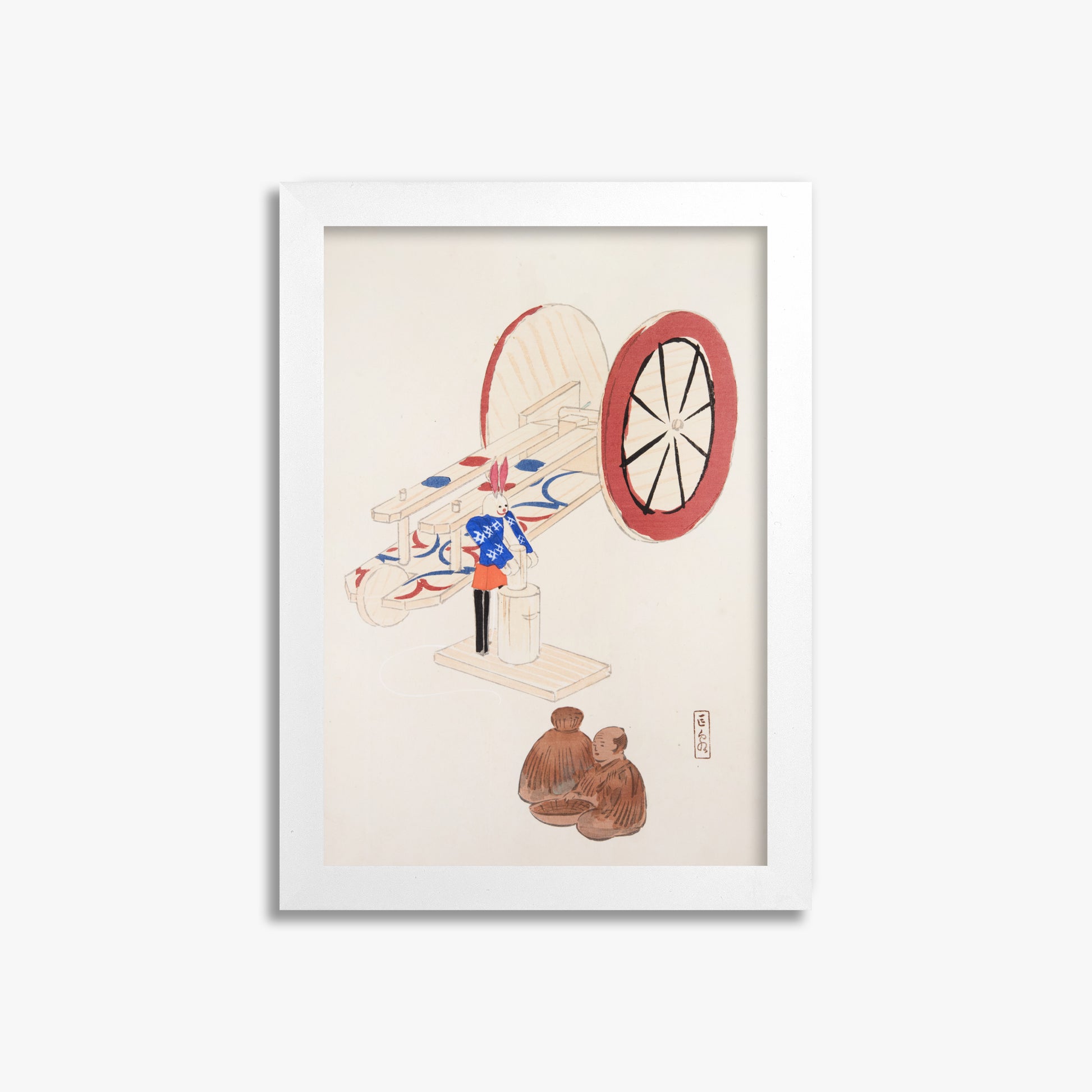 Kawasaki Kyosen: Kyosen’s Collected Illustrations of Japanese Toys Nr. 95 ("Wheel & Sake Carriage"), 21x30cm Framed Art Reproduction With White Frame