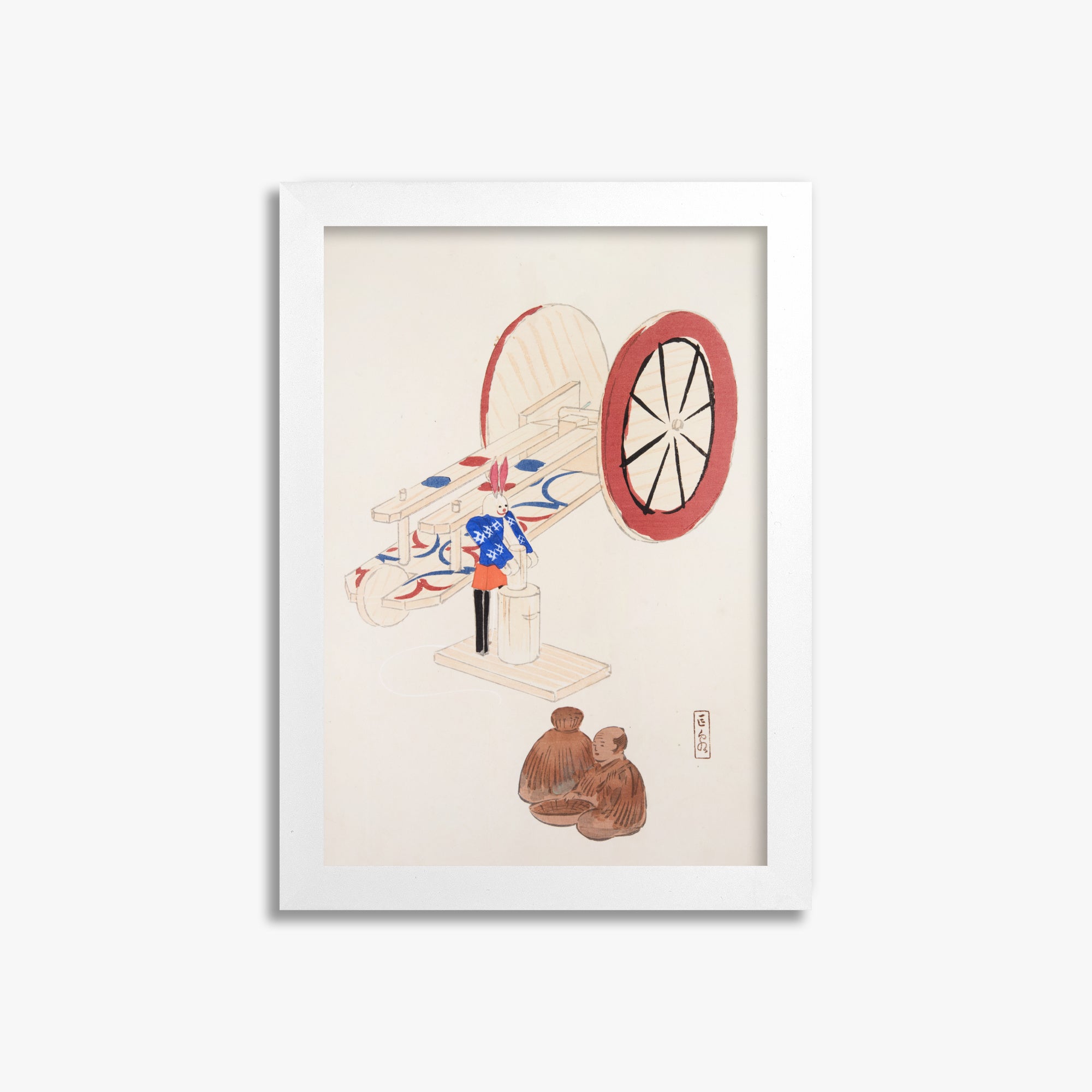 Kawasaki Kyosen: Kyosen’s Collected Illustrations of Japanese Toys Nr. 95 ("Wheel & Sake Carriage"), 21x30cm Framed Art Reproduction With White Frame