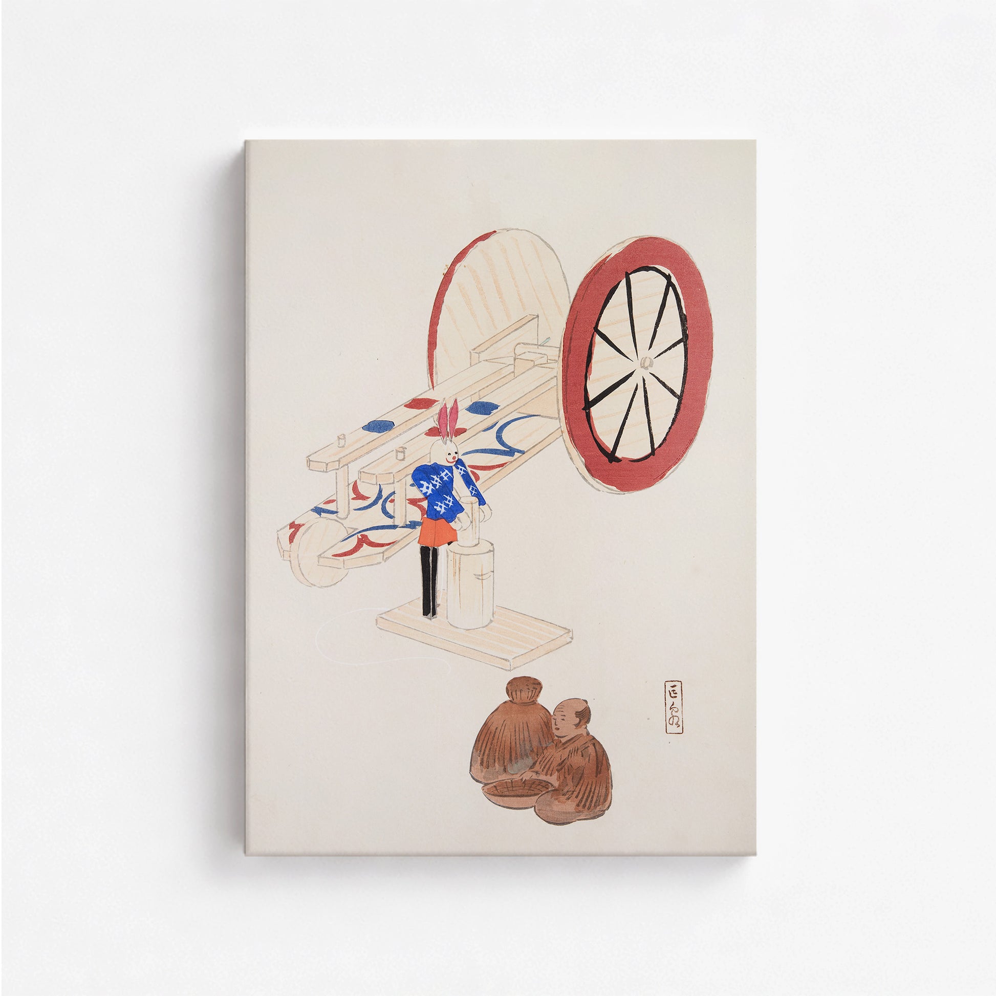 Kawasaki Kyosen: Kyosen’s Collected Illustrations of Japanese Toys Nr. 95 ("Wheel & Sake Carriage"), 50x70cm Satin Canvas Art Reproduction