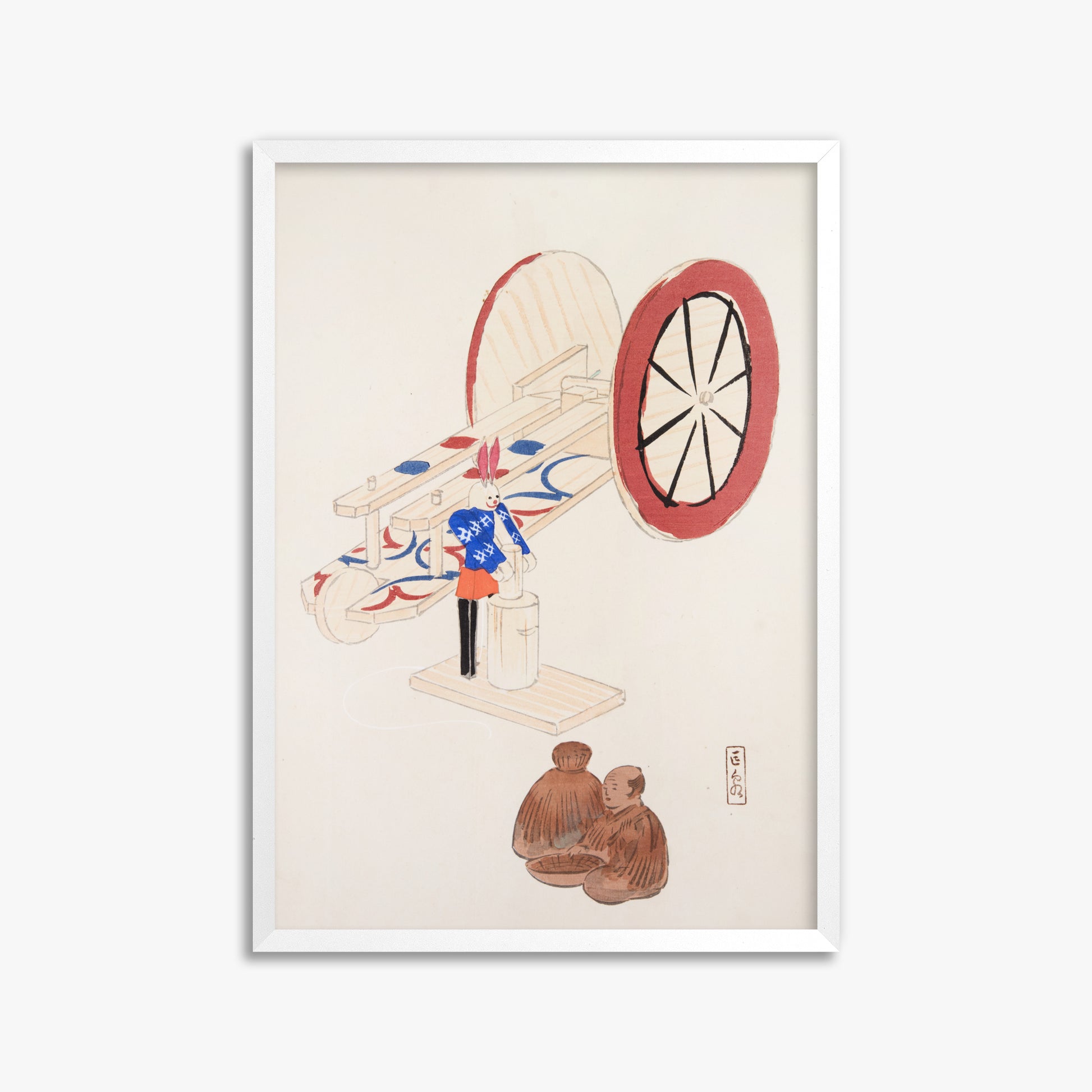 Kawasaki Kyosen: Kyosen’s Collected Illustrations of Japanese Toys Nr. 95 ("Wheel & Sake Carriage"), 50x70cm Framed Art Reproduction With White Frame