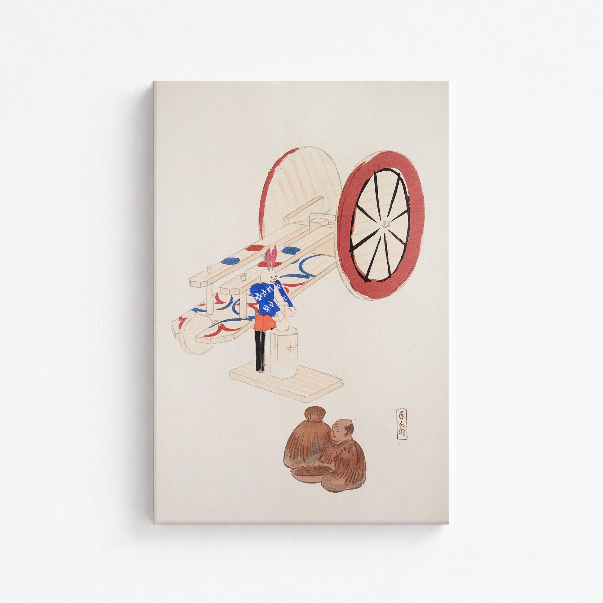 Kawasaki Kyosen: Kyosen’s Collected Illustrations of Japanese Toys Nr. 95 ("Wheel & Sake Carriage"), 61x91cm Satin Canvas Art Reproduction