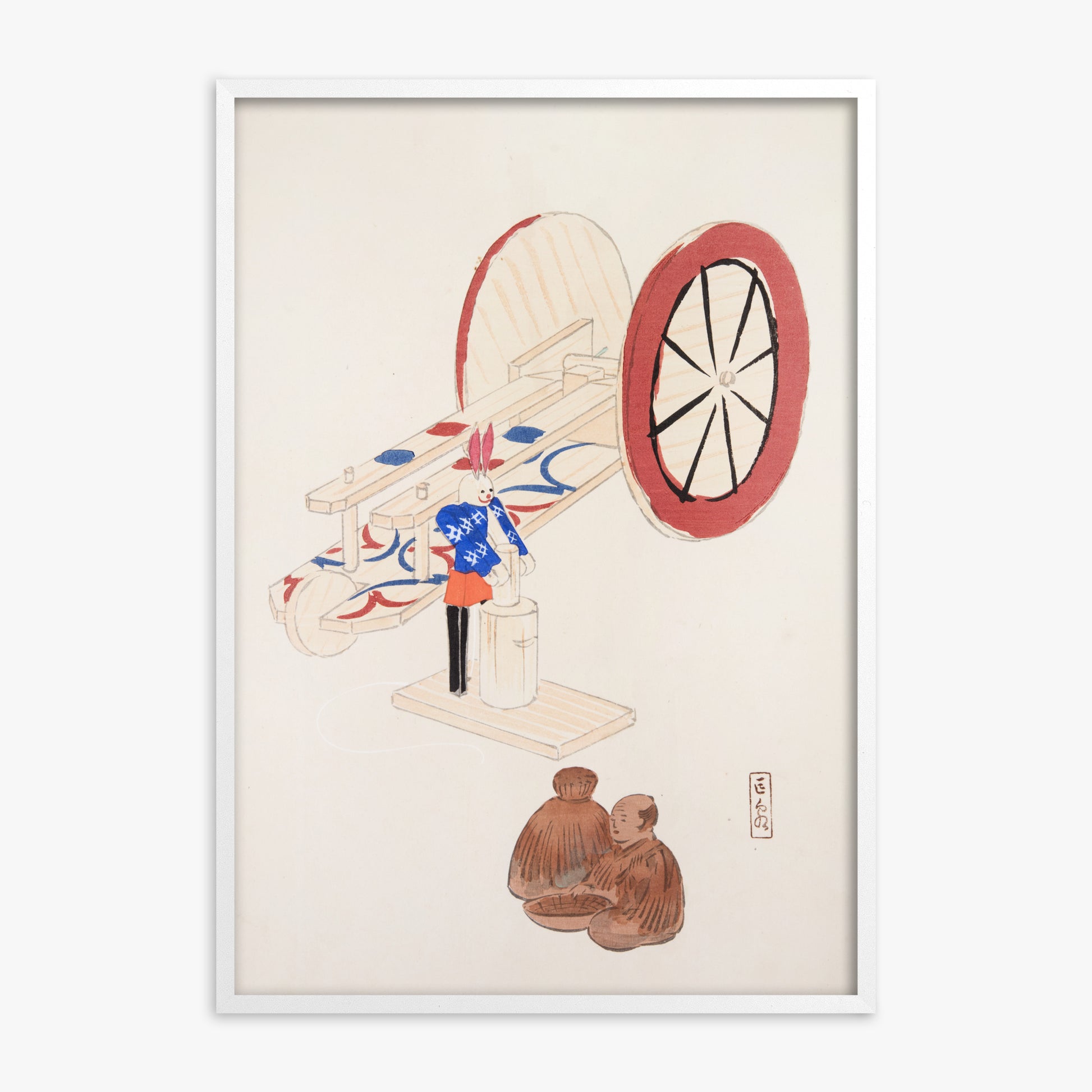 Kawasaki Kyosen: Kyosen’s Collected Illustrations of Japanese Toys Nr. 95 ("Wheel & Sake Carriage"), White Framed Art Reproduction With White Frame