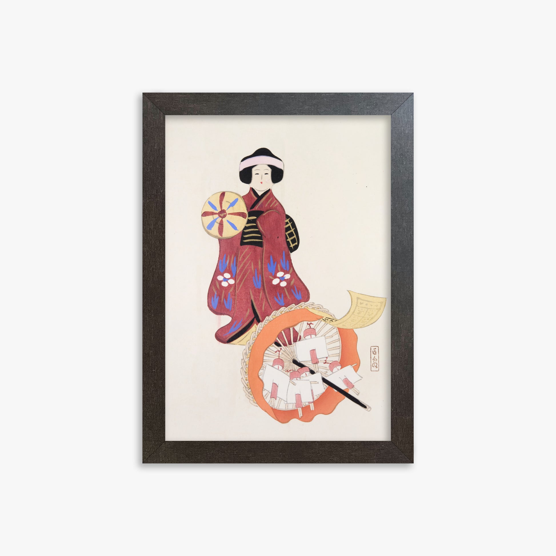 Kawasaki Kyosen: Kyosen’s Collected Illustrations of Japanese Toys Nr. 96 ("Geisha Umbrella Ensemble"), 21x30cm Framed Art Reproduction With Espresso Frame