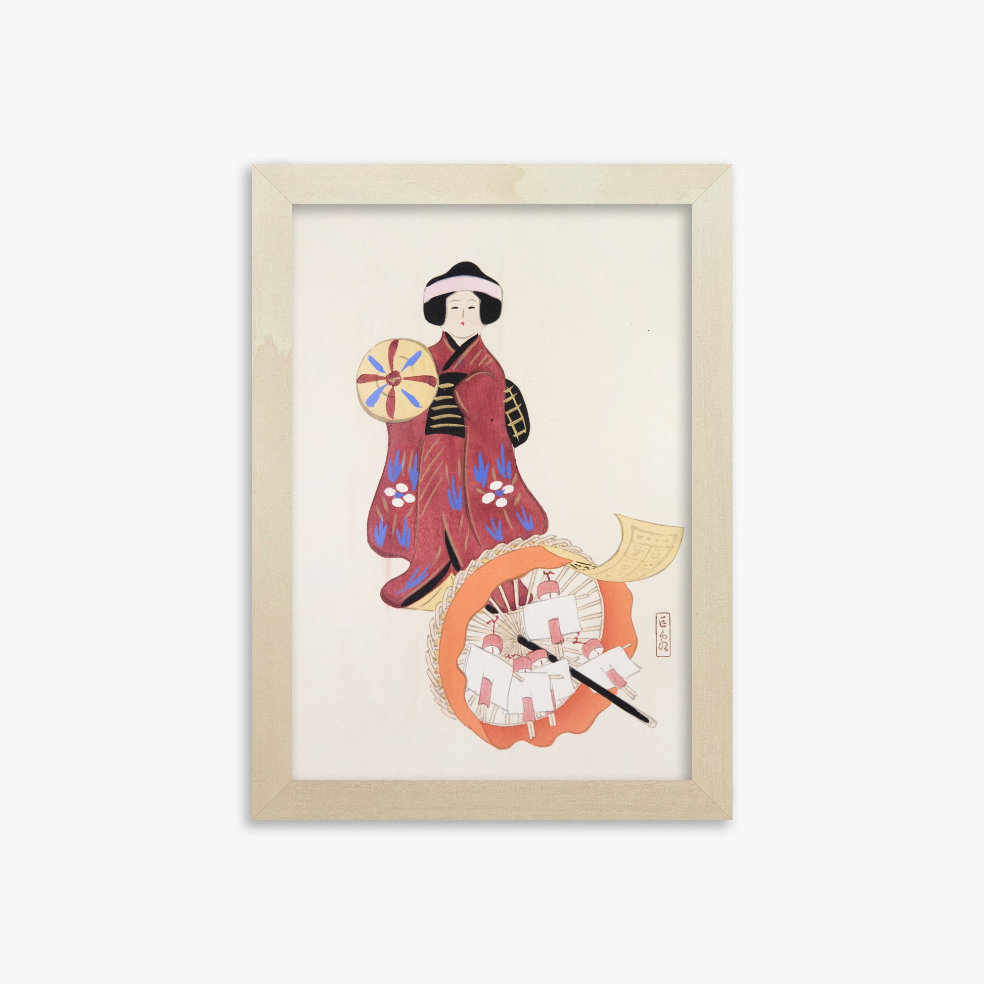 Kawasaki Kyosen: Kyosen’s Collected Illustrations of Japanese Toys Nr. 96 ("Geisha Umbrella Ensemble"), 21x30cm Framed Art Reproduction With Lime Wood Frame
