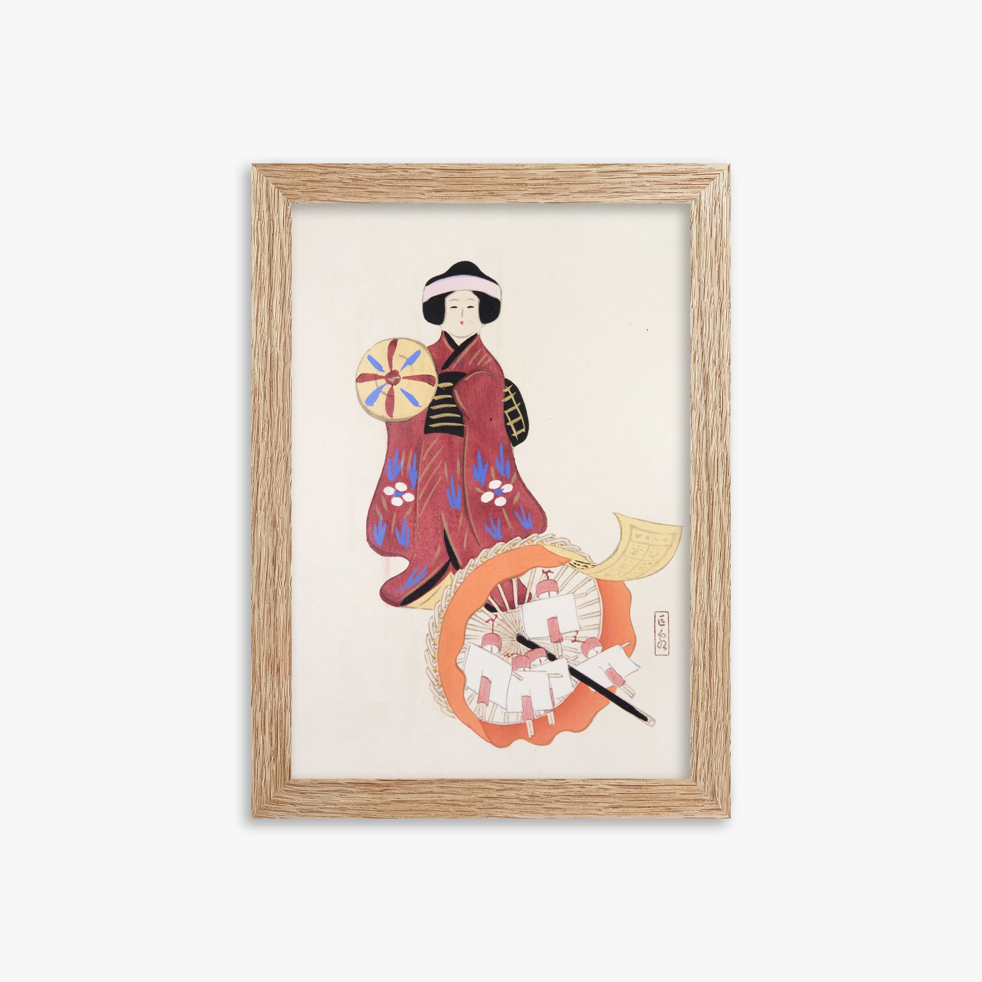 Kawasaki Kyosen: Kyosen’s Collected Illustrations of Japanese Toys Nr. 96 ("Geisha Umbrella Ensemble"), 21x30cm Framed Art Reproduction With Raw Oak Frame