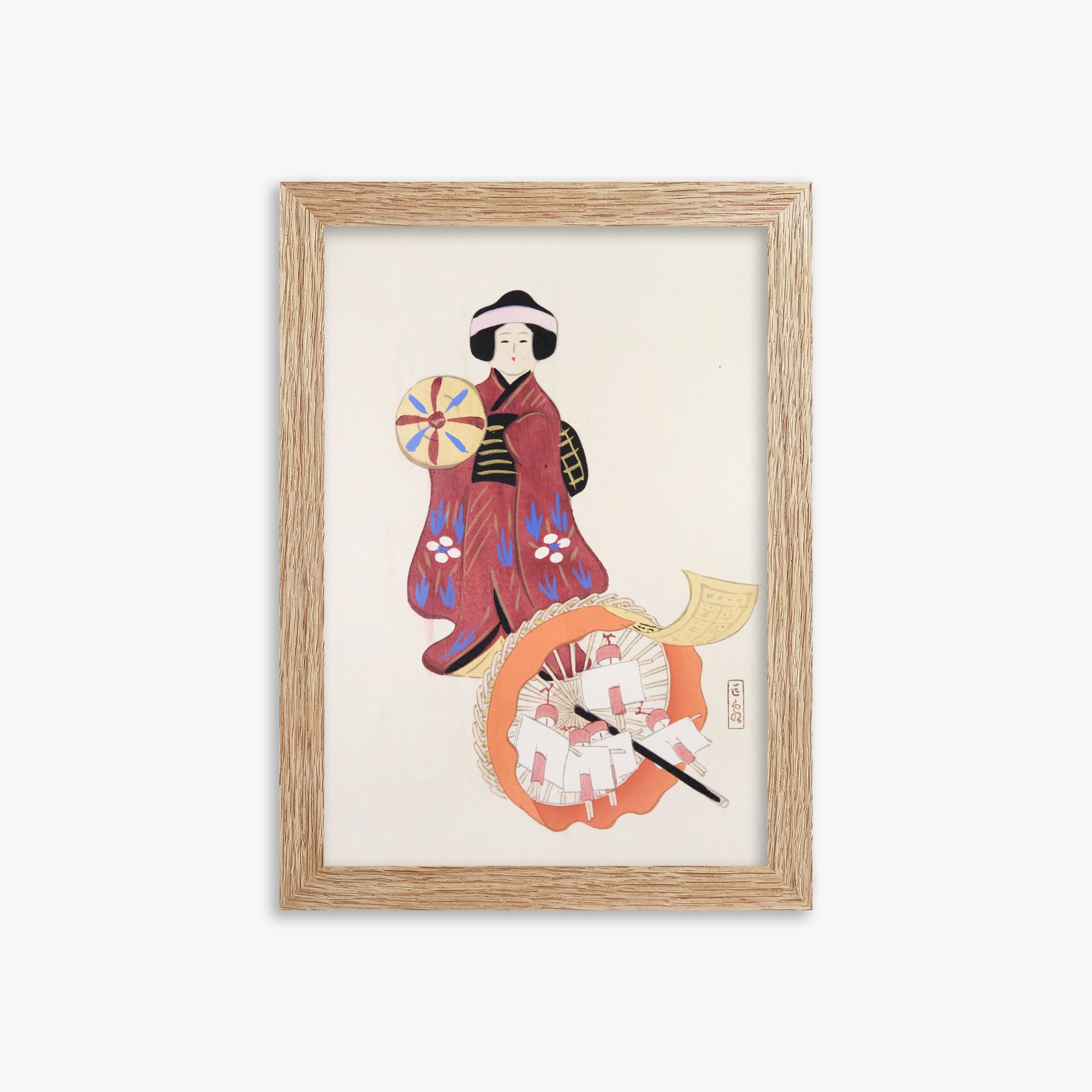 Kawasaki Kyosen: Kyosen’s Collected Illustrations of Japanese Toys Nr. 96 ("Geisha Umbrella Ensemble"), 21x30cm Framed Art Reproduction With Raw Oak Frame